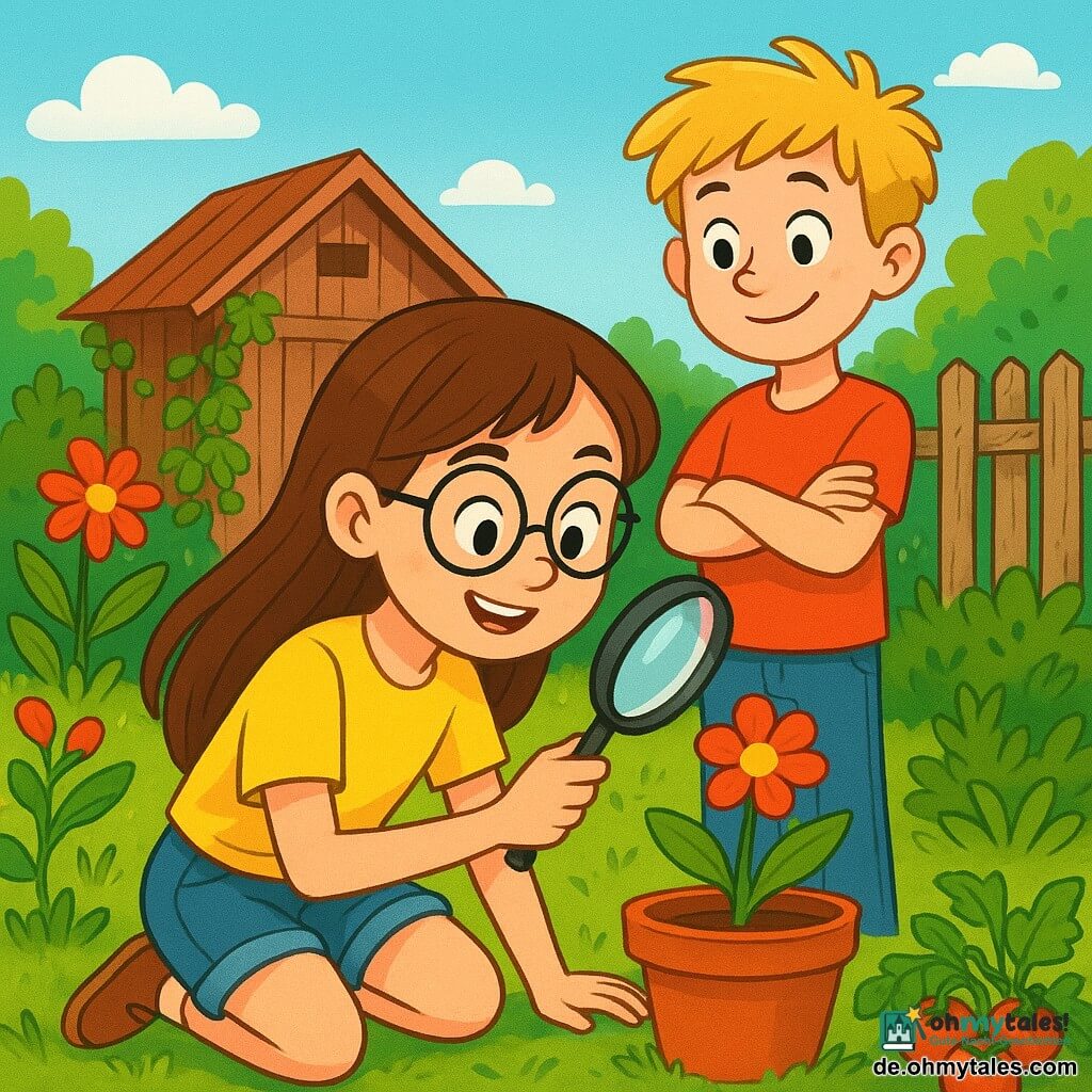 Ein 8-jähriges Mädchen, Leni, mit langen braunen Haaren und runden Brillen, kniet in einem grünen Garten, ihr Gesicht strahlt Entschlossenheit und Aufregung aus. Sie trägt ein leuchtend gelbes T-Shirt und eine Jeansshorts, hält eine Lupe in ihrer rechten Hand und schaut neugierig auf einen Blumentopf. In der Nähe beobachtet ihr Nachbar Paul, ein 9-jähriger Junge mit zerzausten blonden Haaren, bewundernd mit verschränkten Armen, stehend neben einem alten Holzzaun. Der Garten ist voller leuchtender Farben: rote Blumen, saftige Tomaten und üppige grüne Kräuter, mit einer kleinen Holzhütte im Hintergrund, umgeben von Kletterpflanzen. Die Szene vermittelt eine Atmosphäre von Abenteuer und Geheimnis, während Leni das Geheimnis des Gartens entdeckt und nach dem verlorenen Schlüssel zwischen den Pflanzen sucht.