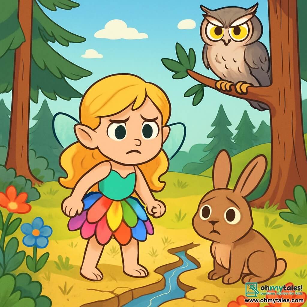 Liora, a small fairy with shimmering wings and golden hair, stands by a dried-up stream, her face marked by worry and determination. She wears a dress made of colorful flower petals that shine in the sun. Beside her, Willow, a small rabbit with large ears and brown fur, looks at the stream sadly, his round eyes filled with concern. Sage, a wise owl with gray feathers and sharp eyes, perches on a branch of a tall pine, observing the scene with a serious expression. The setting is the Evergreens Valley, where majestic trees surround a stream that once flowed joyfully, now reduced to a trickle. Colorful flowers grow around, but the grass is yellowed and wilted, a testament to the drought. In this scene, Liora, determined to help her friends, contemplates solutions to save their valley, while Willow and Sage encourage her to take action.