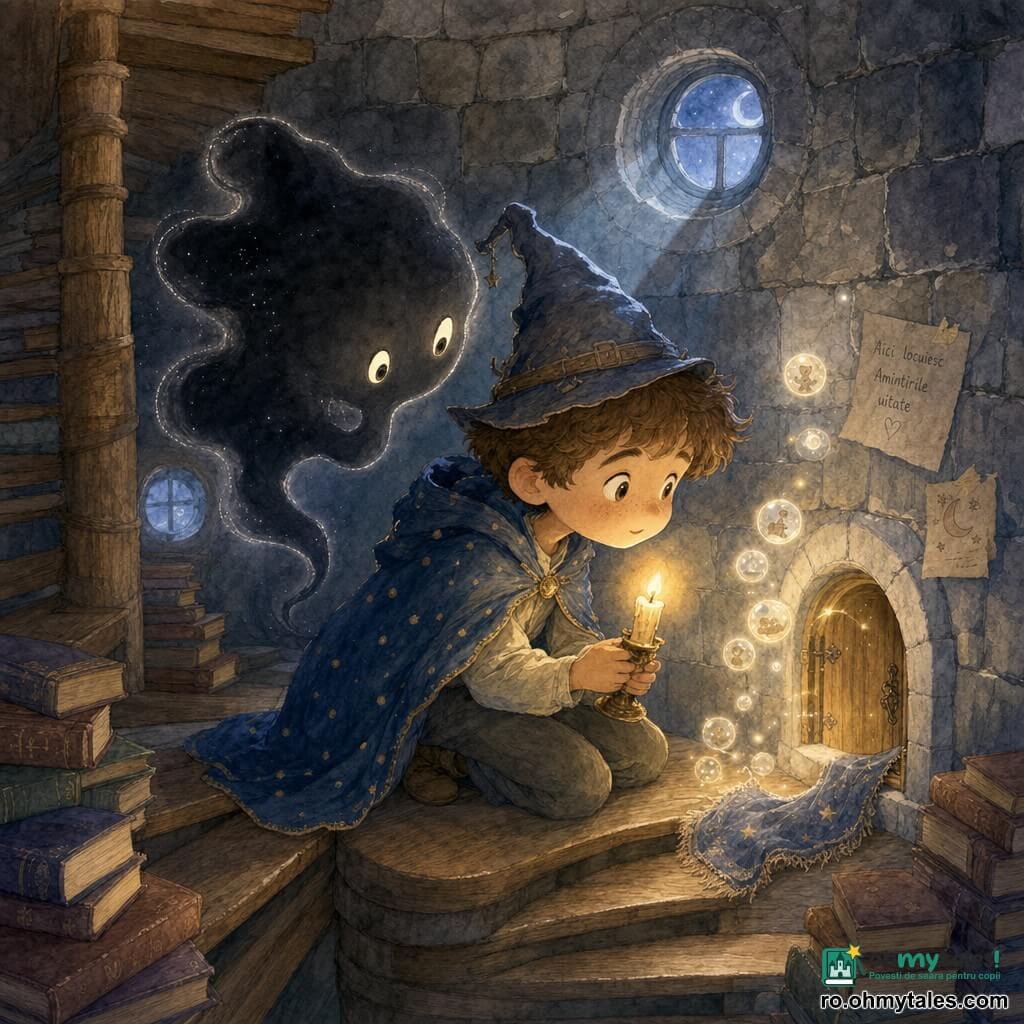 Băiatul vrăjitor Luca, emoționat și senin, cu față rotundă, pistrui și ochi curioși, poartă o pelerină albastră cu buline aurii și o pălărie conică veche, ține o lumânare cu lumină caldă și privește o ușă miniaturală deschisă; Călăuza Umbrelor, o creatură de umbră translucidă ca o ceață neagră cu margini sclipitoare și două scântei pale în loc de ochi, plutește lângă el și îi înclină capul blând; o pătură mică uitată lângă ușă pare să se anime sub lumină, dezvăluind filamente de amintiri luminoase; decorul e interiorul unei scări în spirală vechi dintr-un turn, cu ziduri de piatră gri, trepte de lemn scârțâitoare, ferestre rotunde prin care pătrund raze lunare albastre și cărți îngrămădite; scena principală arată pe Luca în genunchi în fața ușii miniaturale, flacăra lumânării proiectând umbre dansante și filamente luminoase ridicându-se din pătură.