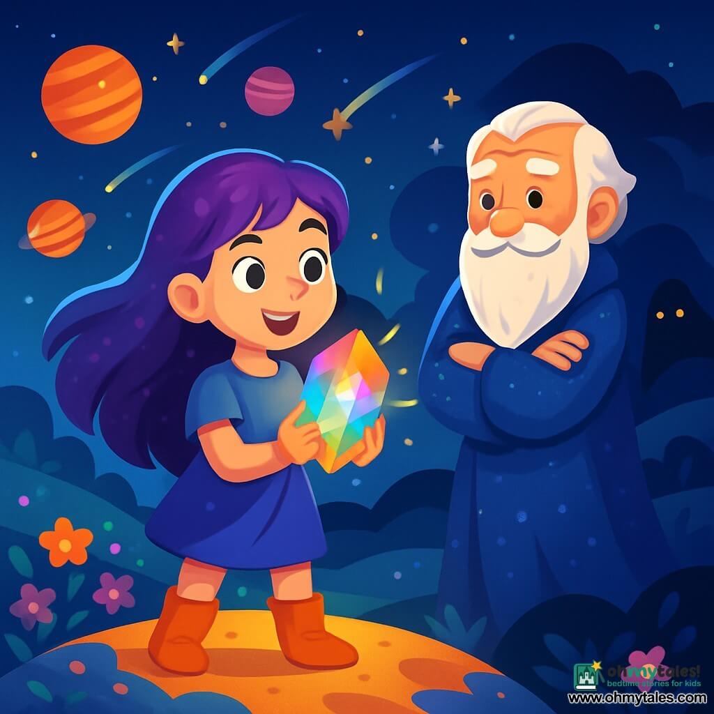 A young woman named Lyra, about 16 years old, stands on a bright planet, with long, wavy purple hair shining under the starlight. Her face shows joyful determination, her eyes sparkling with curiosity. She holds a radiant rainbow crystal in her hands, illuminating her face with a soft glow. Beside her is a Light Guardian, a man around 50 years old, with a long silver beard and a shimmering robe, observing her with a kind smile. The setting is a magical landscape, with rolling hills covered in luminous flowers and a starry sky dotted with colorful planets. Comets streak across the horizon, adding a touch of magic to the scene. Lyra prepares to face the looming shadow on the horizon, her crystal shining like a star in the night. The tension is palpable, but hope shines in her eyes, ready to bring light into the darkness.
