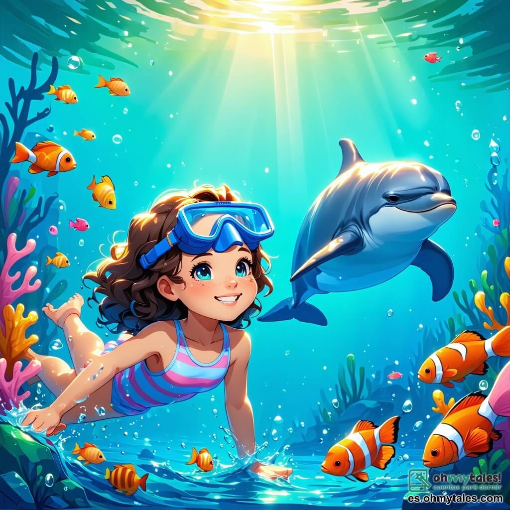 Una niña de 8 años, con largos cabellos rizados y ojos brillantes de curiosidad, nada alegremente en un agua turquesa, rodeada de peces coloridos. Lleva un traje de baño a rayas y una máscara de buceo, su rostro irradia emoción y felicidad. A su lado, un delfín plateado, llamado Brilo, hace piruetas en el agua, sus aletas brillando bajo la luz del sol. Un poco más lejos, una tortuga gigante con un caparazón cubierto de musgo, llamada Tomasa, los observa con una sonrisa benevolente, flotando pacíficamente. El lugar es una magnífica cueva submarina, con paredes de coral multicolores y rayos de luz dorada que filtran a través del agua, iluminando jardines de algas danzantes. La situación principal muestra a la niña y sus amigos descubriendo un jardín secreto submarino, lleno de flores marinas brillantes y criaturas marinas alegres, mientras se preparan para explorar un mundo mágico y misterioso.