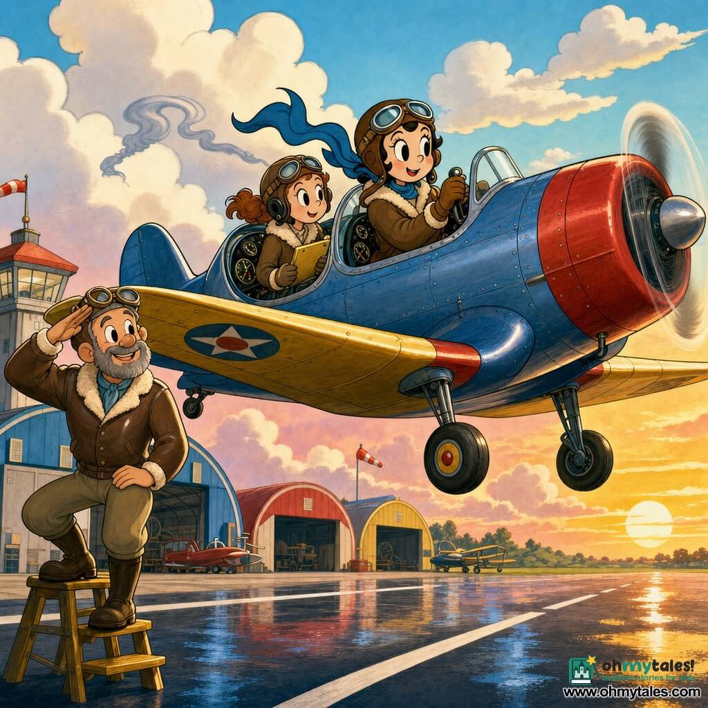 Main scene: takeoff over a wet runway with the plane lifting off, wheels still visible and fluffy white clouds around; main character: a young female pilot with a round smiling face, bright wide eyes, enthusiastic but focused expression, blue scarf blowing in the wind, hands on the control yoke in a retro cockpit with round dials and colored needles; secondary characters: a ~45-year-old male instructor with short graying beard and reassuring smile standing on the exterior step saluting and looking at the pilot, and a 22–25-year-old female co-pilot with tied-back hair, calm encouraging air, seated beside the pilot holding a yellow checklist and watching the instruments; setting: small airport with reflective wet ground, black runway with a central white line, colorful hangars and a pink-orange morning sky with a golden horizon; graphics: smooth metal textures with rivets, drawn headsets and mics, stylized light exhaust smoke in curved lines, vivid contrasting palette (sky blue, golden yellow, light red); mood: dynamic and reassuring, rubber-hose rounded limbs and exaggerated friendly expressions, composition centered on the pilot to convey courage and gentleness.