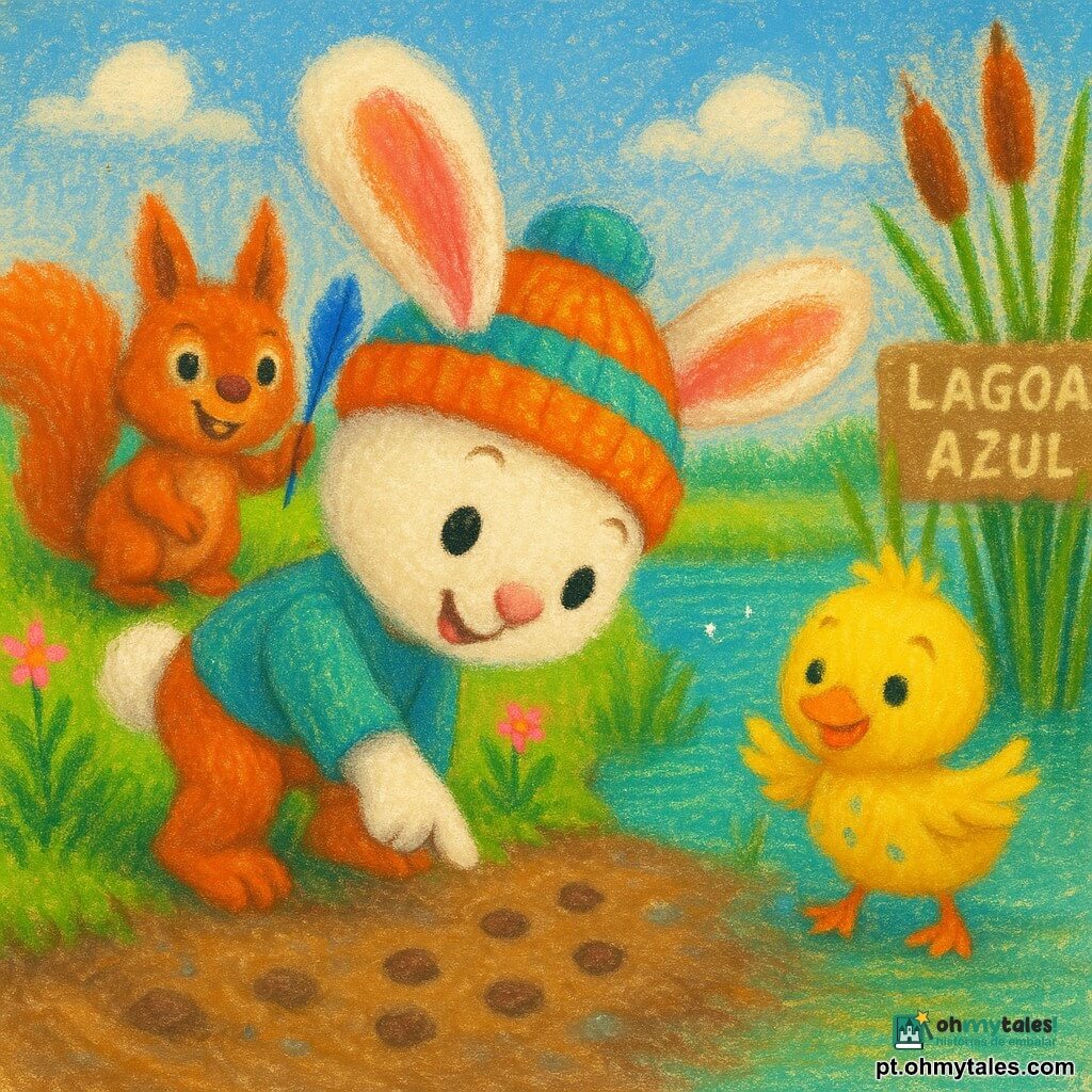 Toni, um pequeno coelho branco de orelhas rosas, sorridente e curioso, com um gorro colorido, aponta pegadas arredondadas na lama junto à água; Léo, um esquilo ruivo e fofo, empolgado, segura uma pena azul brilhante atrás de Toni na margem herbosa; um patinho amarelo e alegre surge entre juncos à direita, batendo as asas e observando; a Lagoa Azul tem água turquesa calma com reflexos cintilantes, margem com musgo e juncos altos, algumas flores selvagens rosa e céu azul com nuvens fofas; cenário doce, caloroso e lúdico, cores vivas, contornos arredondados e textura de pastel oleoso visível.