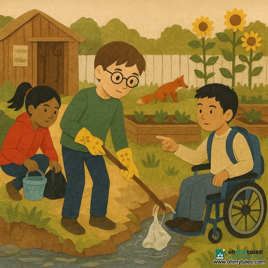 Three 11-year-old children: Milo, a brown-haired boy with round glasses and yellow floral gardening gloves at the center by a weathered wooden fence holding a long bamboo pole to hook a plastic bag from the stream; Asha, a medium-skinned girl with black hair in a ponytail, a bright red jacket, crouched left by a small tool shed holding a small bucket and a tied trash bag; Jun, an Asian boy with short black hair in a blue manual wheelchair with a backpack attached, to the right calmly steadying the bamboo and pointing toward the current. They are in a detailed community garden with beige gravel paths, wooden raised beds, tall sunflowers at right, a small wooden shed with tools and aged posters, a washed plank fence and a collapsed bank leading to a narrow, silvery stream. The scene shows the three children carefully pulling a plastic bag and tangled fishing line through gaps in the fence with focused, cooperative expressions; a red fox watches from the tall grass in the background under warm afternoon light with long shadows.