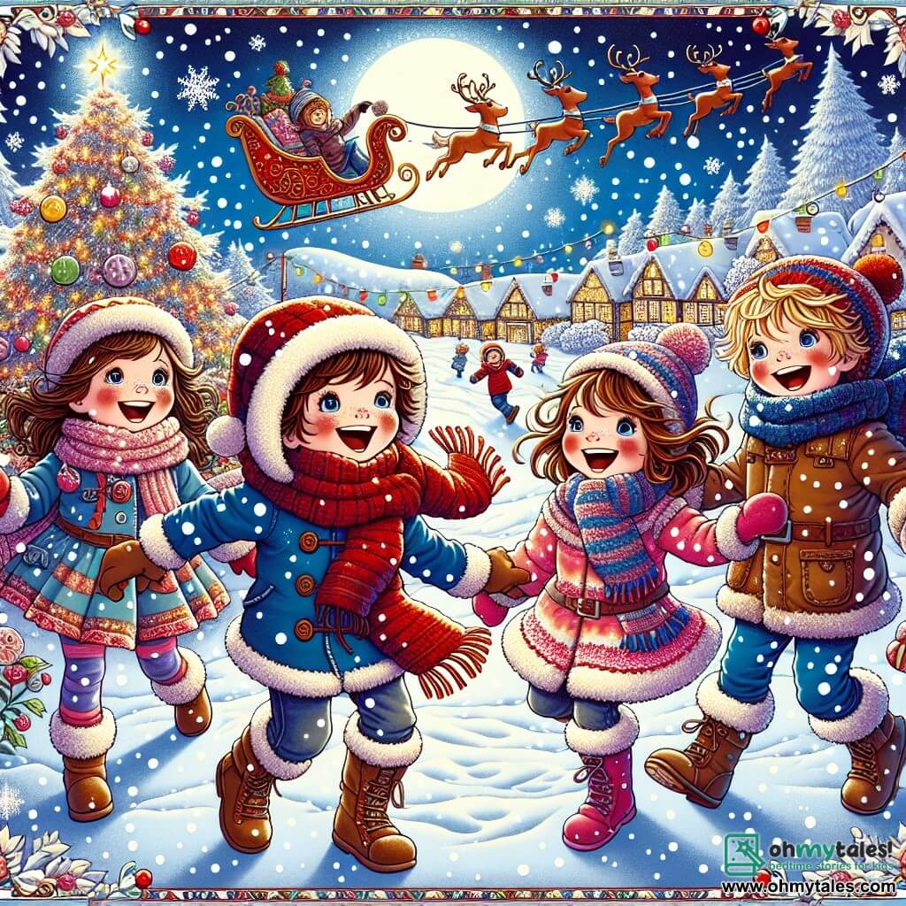 In a snowy landscape, four children stand together, filled with excitement. Timmy, an 8-year-old boy with a big smile, wears a bright red scarf and a wool hat. Next to him, Lily, a 7-year-old girl with curly hair and rosy cheeks, joyfully laughs while holding a snowball. Ben, a 9-year-old boy with huge boots and a blue coat, is sliding on the snow with his arms outstretched. Finally, Mia, a 6-year-old girl with a nose as red as a reindeer's, looks in awe at the sky, where a sparkling sleigh passes above them. Their village, Snowy Hollow, is adorned with twinkling lights and a giant Christmas tree at the center, shining brightly. Snowflakes gently fall, creating a magical atmosphere. The children discover a mysterious letter buried in the snow and prepare to embark on an adventure to deliver it to Santa Claus, their faces lit up with excitement and the spirit of Christmas.