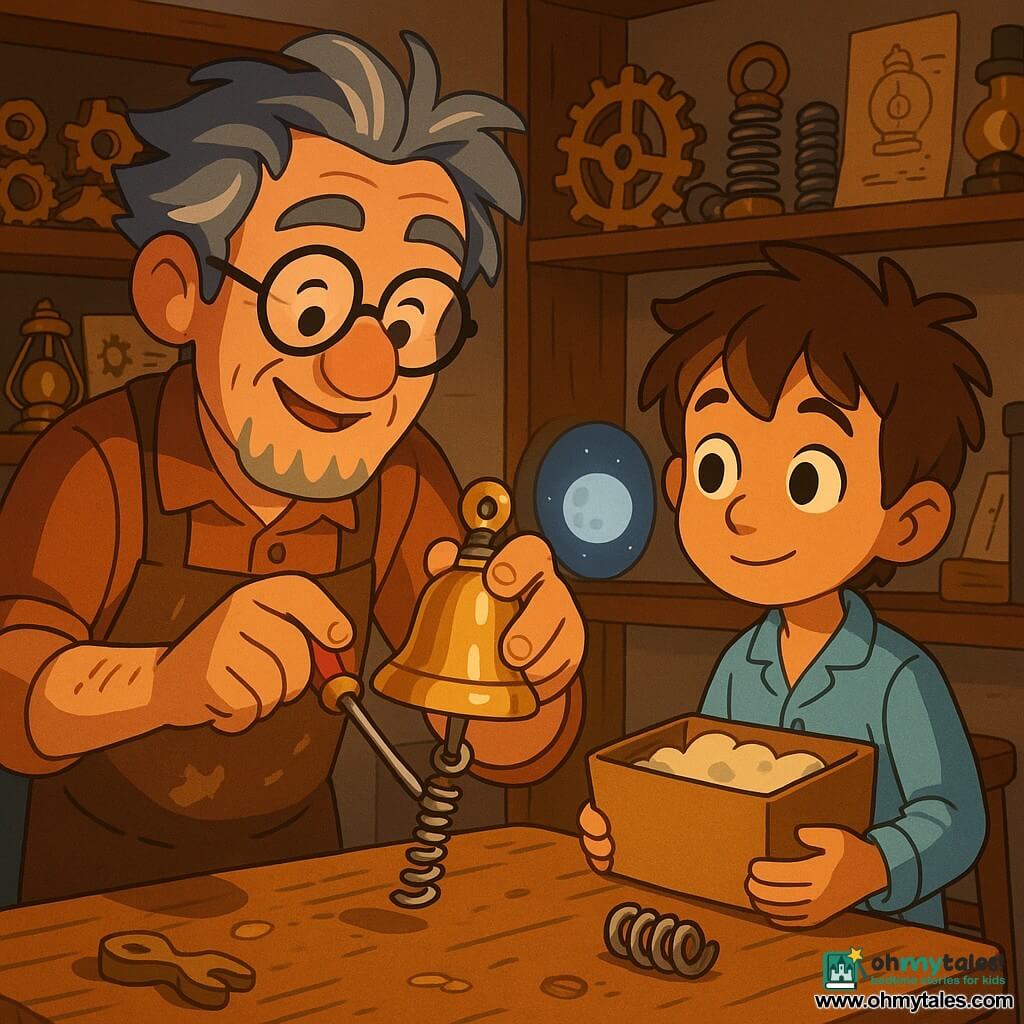 Mr. Finch, smiling but focused with messy gray hair, round glasses and a sawdust-stained brown apron, holds a small shiny bell and adjusts a spring with a screwdriver while Leo, about eight, in light-blue pajamas with tousled brown hair and curious eyes, stands by the workbench holding a box of soft materials; the warm, cozy workshop has a worn wooden bench, shelves of golden gears, springs, steam lamps and sketchbooks and a round window with silver moonlight, and the pair are repairing an overly noisy bell under a yellow lamp amid scattered tools, soft fabric pieces and glinting gears, in a scene of warm colors, wood-grain textures, metallic reflections and very readable expressions with a slightly magical atmosphere.