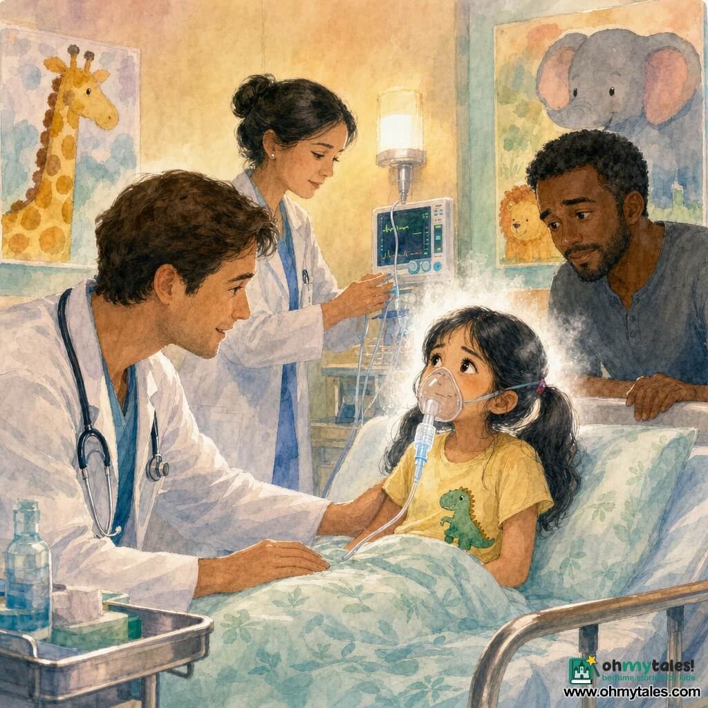 A young male doctor in his thirties with short brown hair and a slightly rumpled white coat, gentle focused expression and a stethoscope around his neck, leans over a hospital bed with a reassuring hand while softly addressing an 8-year-old girl; a calm female resident (Lila) in her forties with dark hair in a bun adjusts the nebulizer infusion behind him as fine white vapor forms a halo around the girl's face, the worried-yet-relieved father stands at the right of the bed watching tenderly, and the small pediatric emergency room is warm and child-friendly with pastel walls, animal posters, a glowing monitor, soft wall lamp, leaf-patterned sheet and a shiny medical cart; a little dinosaur sticker on the girl's shirt adds a protective, playful touch.