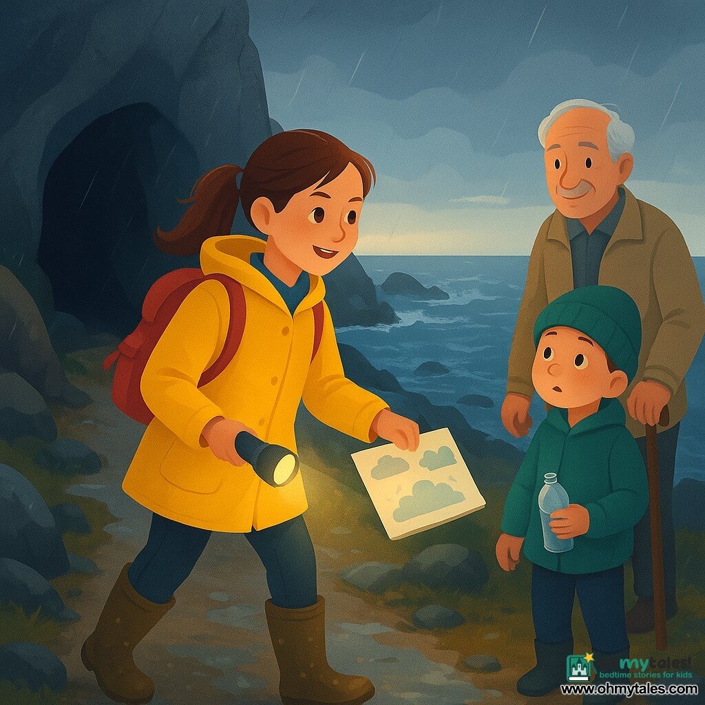 A determined smiling girl explorer aged about 12–14 with brown hair in a ponytail, wearing a bright yellow raincoat, muddy rubber boots and a red backpack with a small windsock, holding a lit flashlight and an open notebook with cloud sketches, emerges from a small sea cave onto a narrow ledge, cautiously climbing toward the main path in light rain; a curious 6–7‑year‑old boy in a green beanie with wind‑rosy cheeks stands slightly back on the cliff path holding a plastic bottle he intends to discard, while his smiling elderly grandfather (about 70) with gray hair, a beige jacket and a cane watches proudly; rocky textured coastal cliff with wet shiny rocks, foaming waves and reflective puddles, gray‑blue cloudy sky with pale light on the horizon; calm action scene evoking careful courage and nature protection, saturated yet soft colors, smooth gradient textures, wet highlights and clear silhouettes suitable for children.