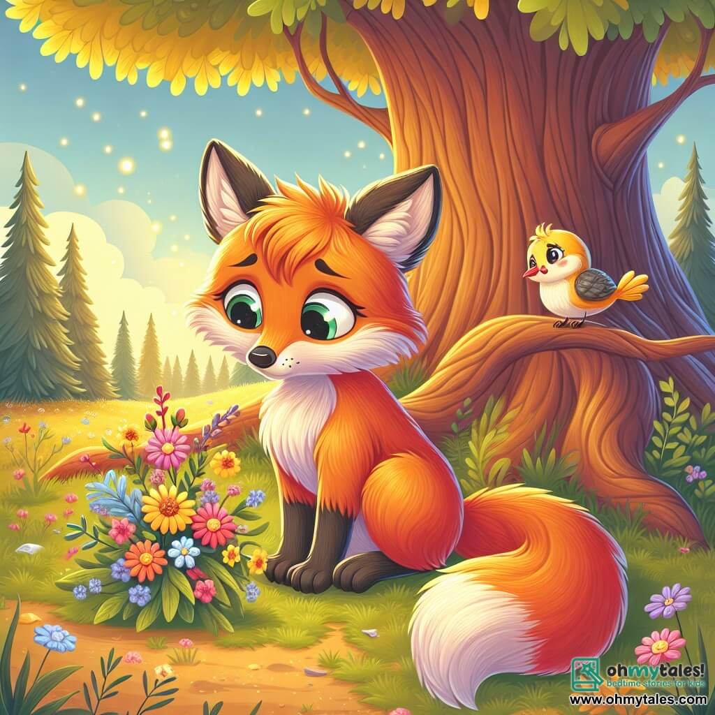 An illustration depicts a young fox with bright orange fur, large expressive eyes, and a bushy tail, sitting under a large oak tree. Its face shows melancholy as it gazes at a bouquet of wildflowers it has placed at the tree's base in memory of its grandfather. Nearby, a small bird with yellow and gray feathers perches on a branch, appearing sad yet comforting, watching the fox with compassion. The main setting is a sunny clearing surrounded by majestic trees with golden leaves, where the ground is covered with colorful flowers and fallen leaves. Sunlight filters through the branches, creating a peaceful atmosphere. The scene captures the young fox reminiscing about its grandfather, sharing a moment of tenderness and reflection on loss while honoring his memory with flowers. Other graphic elements include sparkling fireflies in the air, adding a magical touch, and soft shadows that evoke a sense of calm and nostalgia.