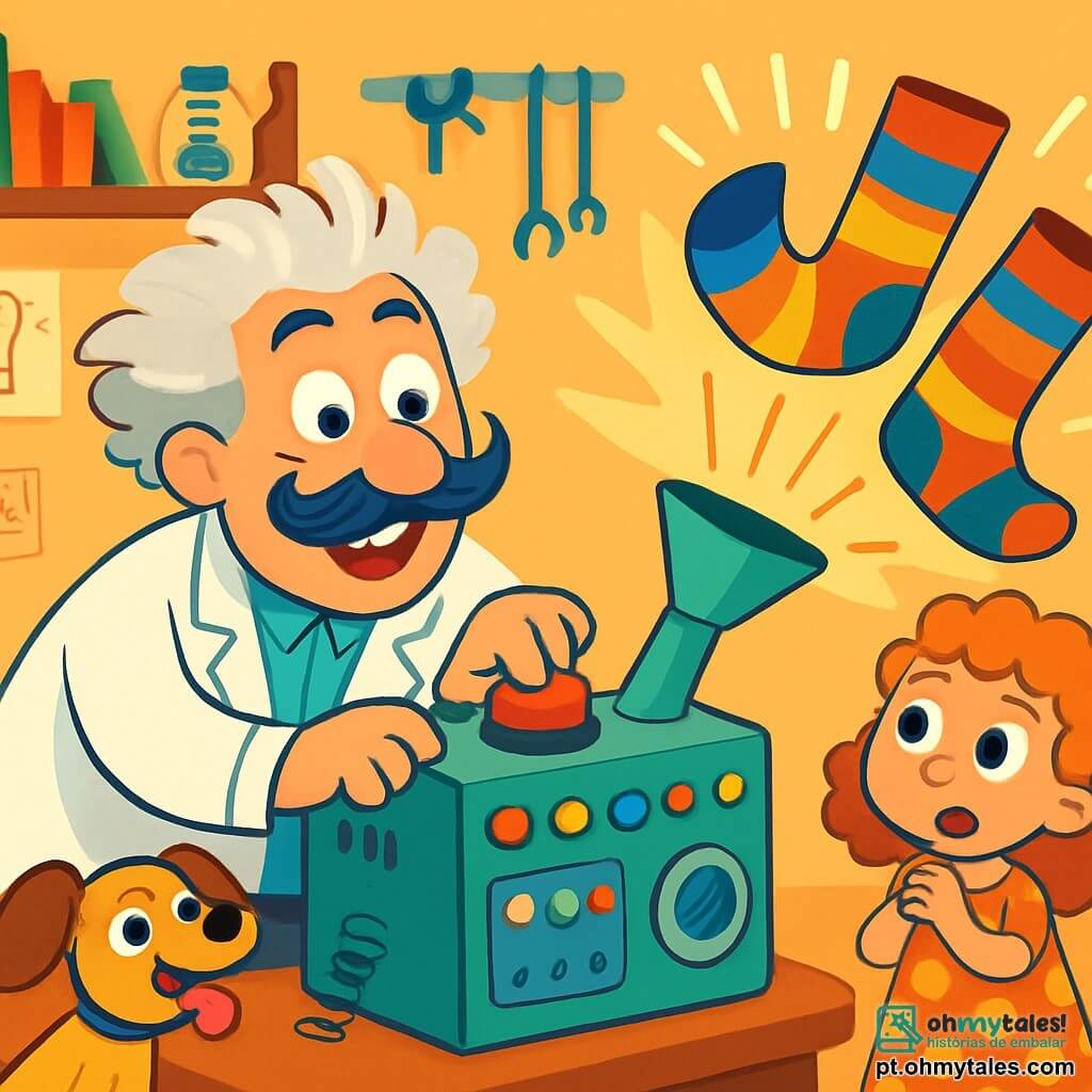 Um homem, o professor Nicolau, está no centro da imagem, com cabelos desgrenhados e um grande bigode encaracolado. Ele tem um sorriso alegre e olhos brilhantes de excitação. Ele se inclina sobre uma máquina estranha, cheia de botões coloridos, pressionando um grande botão vermelho. Ao lado dele, uma menina de cerca de 8 anos, com cabelos cacheados e um vestido de bolinhas, observa a cena com olhos arregalados, fascinada pela invenção. Ao fundo, um pequeno cachorro de orelhas grandes, sentado no chão, observa com curiosidade, com a língua de fora. A cena acontece em uma oficina iluminada, cheia de ferramentas, peças de máquinas e desenhos nas paredes. Prateleiras transbordam de livros e potes cheios de parafusos e molas. Nicolau, entusiasmado, tenta fazer sua máquina de copiar sapatos funcionar, mas em vez disso, uma imensa par de meias coloridas sai da máquina, criando uma explosão de cores e risadas.