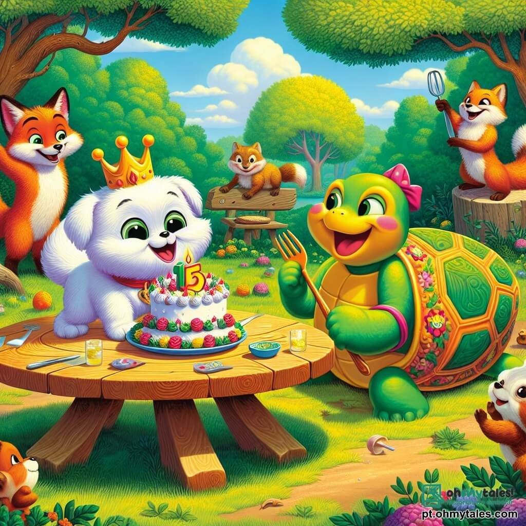 Um cachorro chamado Bolota, pequeno e gordinho, com pelagem branca brilhante e grandes orelhas caídas, está no centro da cena, com os olhos brilhando de emoção e um grande sorriso no rosto. Ele usa uma coroa de chantilly na cabeça e segura um prato do seu famoso "Bolo Surpresa" com as patas dianteiras. Ao lado dele, uma tartaruga sorridente, Dona Tartaruga, com uma carapaça verde adornada com flores coloridas, aplaude alegremente, seus olhos brilhando de orgulho. Ao fundo, uma raposa, Raposa Gilda, com pelagem ruiva, observa com um sorriso travesso, segurando um avental de chef. A cena se passa em uma clareira ensolarada, cercada por árvores com folhas verdes vibrantes, onde animais da floresta se reúnem em torno de uma grande mesa de madeira, decorada com bolos estranhos e limonada espumante. No primeiro plano, esquilos saltitantes se divertem, enquanto risadas ecoam no ar. A situação principal mostra Bolota, o herói, celebrando sua vitória no concurso de bolos, cercado por amigos alegres, todos prontos para saborear criações excêntricas e compartilhar risadas.