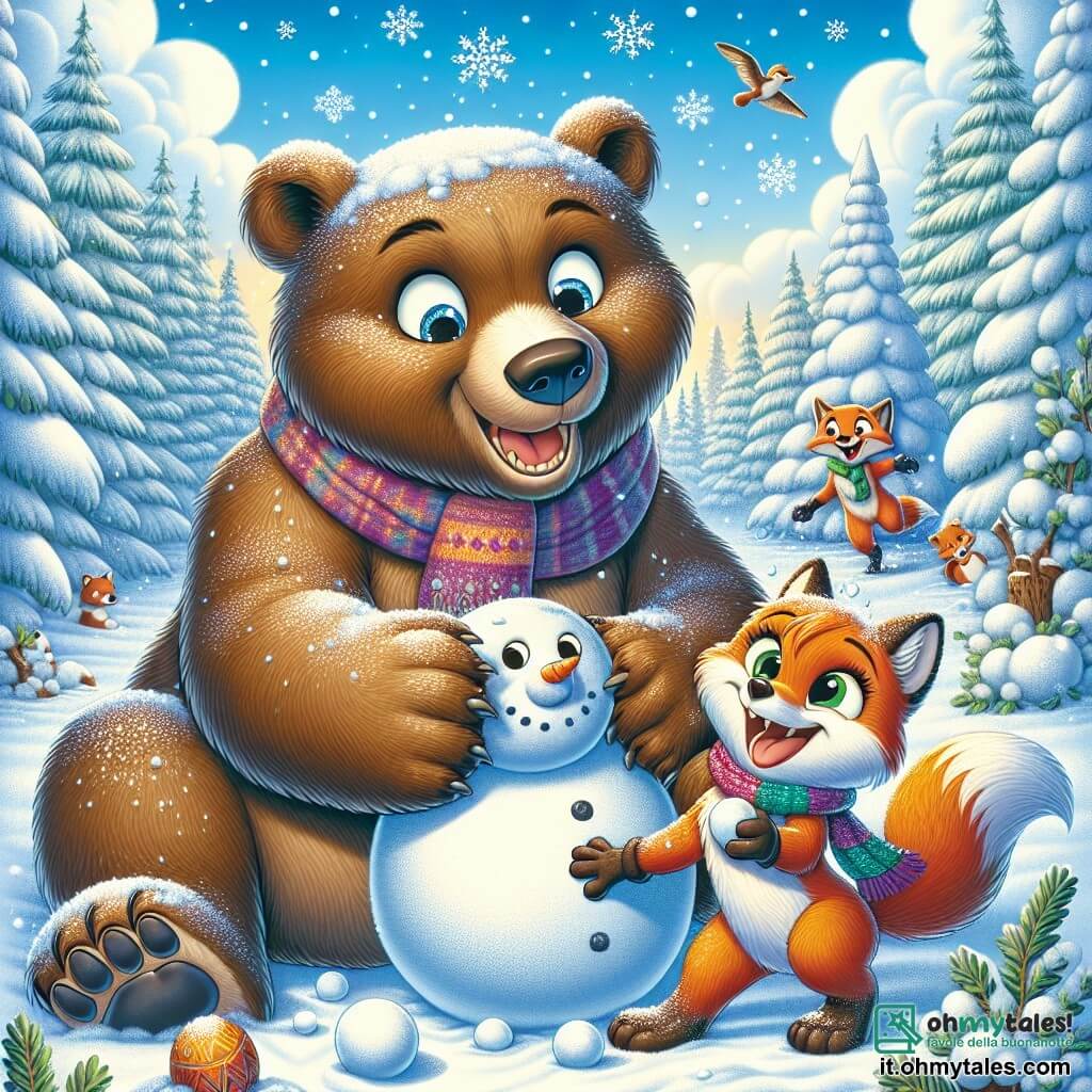 Un grande orso bruno di nome Bruno, con un pelo morbido e lucente, è al centro dell'immagine, sorridente mentre costruisce un pupazzo di neve. I suoi occhi brillano di eccitazione e le sue zampe sono piene di neve. Accanto a lui, una piccola volpe di nome Lila, con un pelo arancione vivace e occhi maliziosi, ride lanciando una palla di neve verso Bruno. Indossa una sciarpa colorata che fluttua nel vento, aggiungendo un tocco di allegria alla scena. Il contesto è una foresta incantata, coperta da un spesso manto di neve scintillante, con alberi maestosi i cui rami sono carichi di fiocchi. Il cielo è di un blu brillante, punteggiato da nuvole bianche e soffici. La situazione principale mostra Bruno e Lila in una battaglia di palle di neve, circondati da risate e gioia, illustrando l'amicizia e il divertimento dell'inverno in un paesaggio fiabesco.