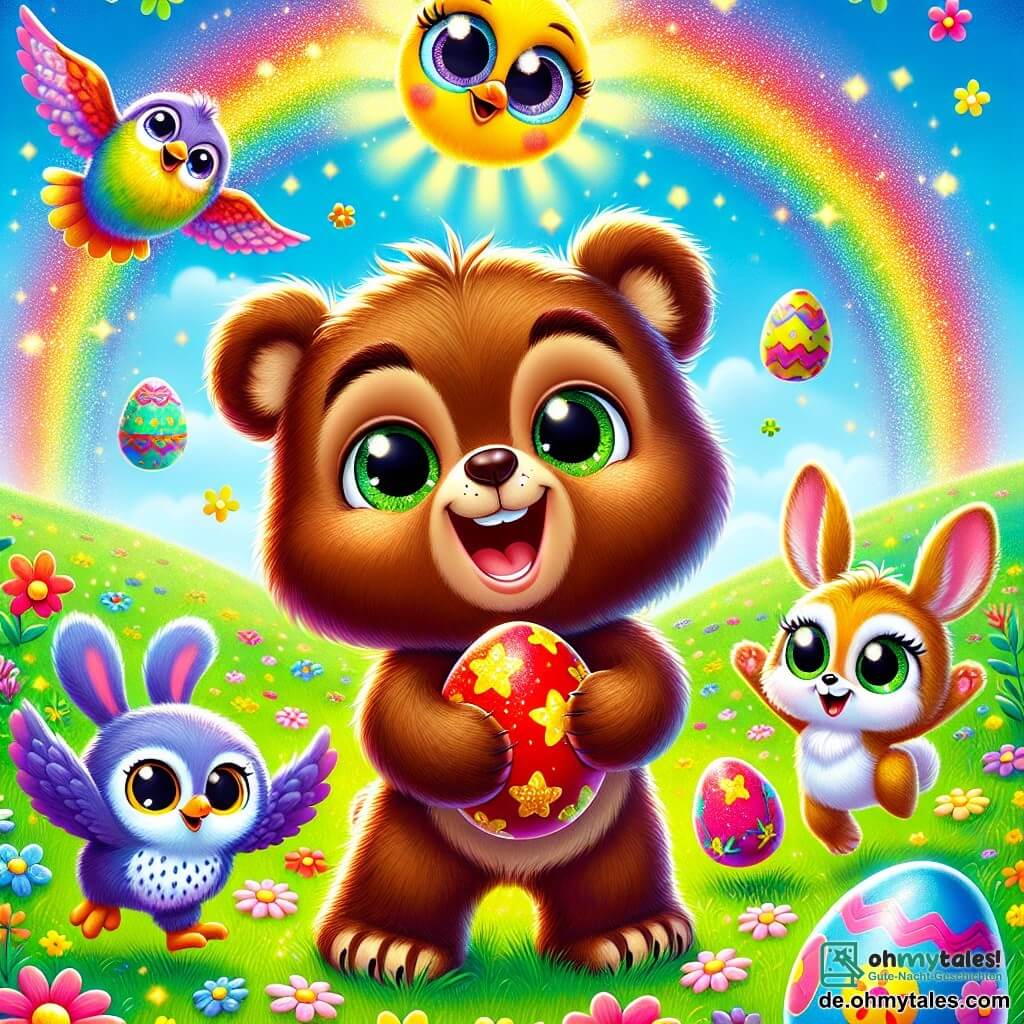 Bruno, ein kleiner brauner Bär mit großen funkelnden Augen und weichem Fell, steht inmitten einer bunten Wiese mit einem großen freudigen Lächeln im Gesicht und hält ein rotes Osterei mit goldenen Punkten. Neben ihm fliegt Ella, eine Eule mit lila Federn und runden Augen, fröhlich in der Luft, ihre Flügel ausgebreitet und begeistert lachend. Hoppel, ein kleiner Hase mit langen weißen Ohren, sitzt im Gras mit weit aufgerissenen Augen vor Aufregung und malt ein leuchtend blaues Osterei. Die Szene spielt sich auf einer sonnigen Wiese ab, die mit bunten Blumen übersät ist, unter einem hellblauen Himmel mit einem schimmernden Regenbogen im Hintergrund. Bruno und seine Freunde feiern fröhlich die Ostereiersuche, umgeben von einer festlichen und bunten Atmosphäre.