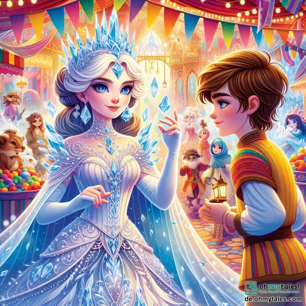 Die Schneekönigin, eine majestätische Frau mit ätherischer Schönheit, trägt ein glitzerndes Kleid aus Eiskristallen, das das Sonnenlicht reflektiert. Ihr Gesicht ist sanft, aber ihre blauen Augen strahlen eine warme Entschlossenheit aus, während ein leichtes Lächeln ihre Lippen erhellt. Sie steht im Zentrum eines magischen Marktes, umgeben von fantastischen Kreaturen. An ihrer Seite steht Kai, ein 12-jähriger Junge mit kastanienbraunen Haaren und funkelnden Augen, der die Königin bewundernd ansieht. Er trägt eine bunte Tunika und eine Leinenhose und hält einen kleinen alten Spiegel in den Händen, bereit, ihr die Wahrheit zu zeigen. Der Ort ist ein verzauberter Markt, der von leuchtenden Farben pulsiert, mit Ständen voller bunter Früchte, glitzernder Tränke und wunderbarer Kreaturen, die um sie herumtanzen. Bunte Fahnen wehen im Wind, und funkelnde Lichter erhellen die festliche Atmosphäre. Die Hauptsituation zeigt die Schneekönigin, die vor dem magischen Spiegel steht, bereit, die Wahrheit über ihr gefrorenes Herz zu entdecken, während Kai sie hoffnungsvoll ermutigt. Die Luft ist erfüllt von einem Gefühl des Staunens und der Magie, während sie sich darauf vorbereiten, ihr Schicksal zu verändern.