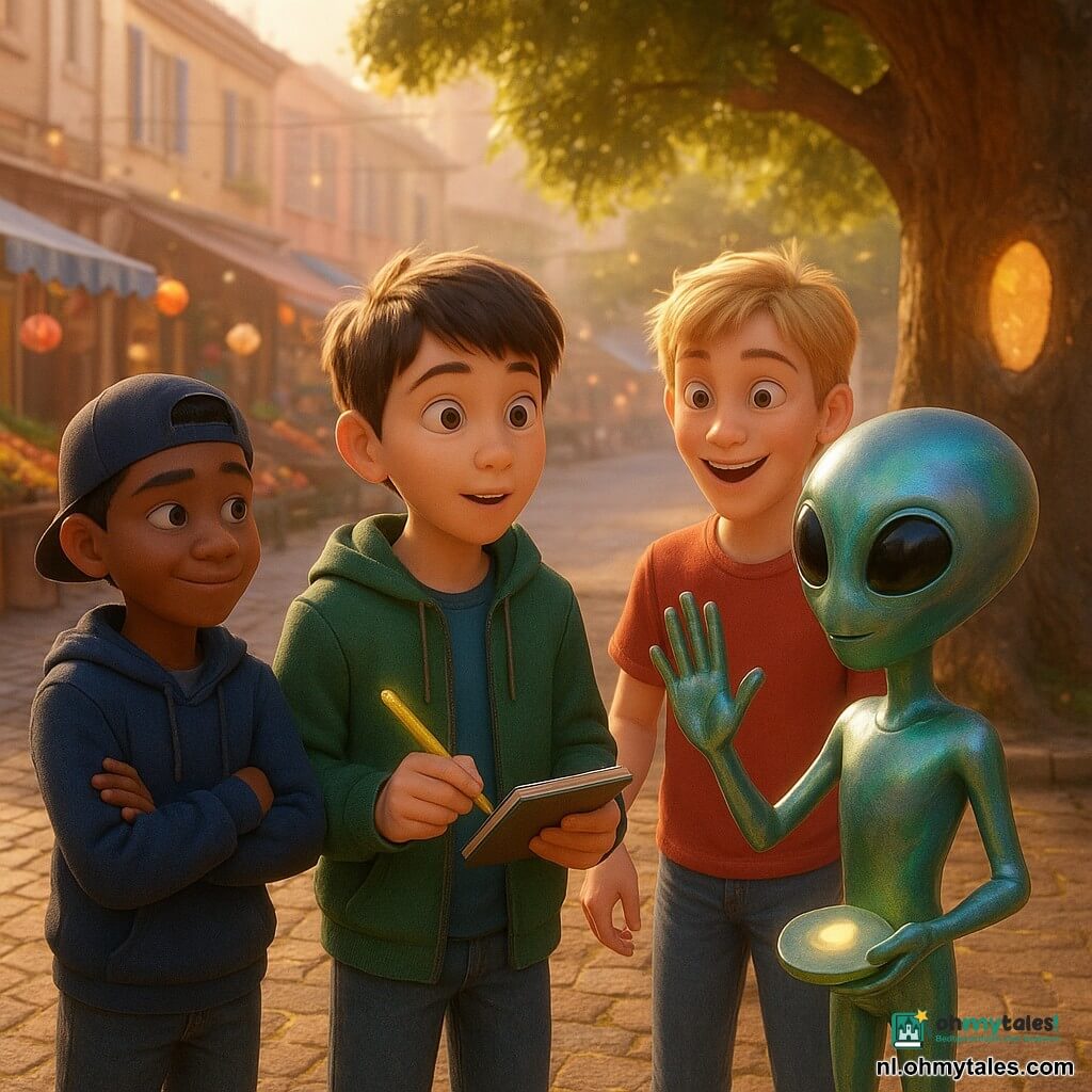 Er zijn vier personages: Milo, ongeveer 11 jaar, kort bruin haar, groene capuchonjas, houdt een schetsboek en een "lichtpotlood" in zijn rechterhand, staat centraal en kijkt verwonderd naar de alien; Jax, ongeveer 11, warrig blond haar, rood T-shirt en jeans, maakt enthousiast een high-five-gebaar links van Milo; Noor, 11, zwart haar onder een omgekeerde pet, blauw sweat, armen gekruist maar glimlachend, staat links bij de fontein; en de alien Lio ter grootte van een kind, glad metallic lichaam met olieachtige iriserende kleuren, grote zachte zwarte ogen en vier lange vingers, houdt voorzichtig een gerepareerde lichtschijf en steekt vriendelijk de hand op bij de basis van een grote kastanjeboom met een ovale glanzende opening. Plaats: een autovrije stadsstraat in de namiddag met warme klinkers, kleurrijke marktstandjes en een stenen fontein linksachter, goudlicht dat door bladeren valt en een licht magische, rustige sfeer. Situatie: de kinderen ontmoeten de alien bij de fontein naast de kastanjeboom, kijken nieuwsgierig en geruststellend naar de gerepareerde lichtschijf; verbonden, vriendelijke gebaren en verwonderde maar gerustgestelde gezichten. Visuele stijl: zachte warme 3D-rendering, verzadigde pastelkleuren, tastbare texturen (ruw hout, natte steen, glanzend alienoppervlak) en zacht namiddaglicht met kleine lichtdeeltjes in de lucht.