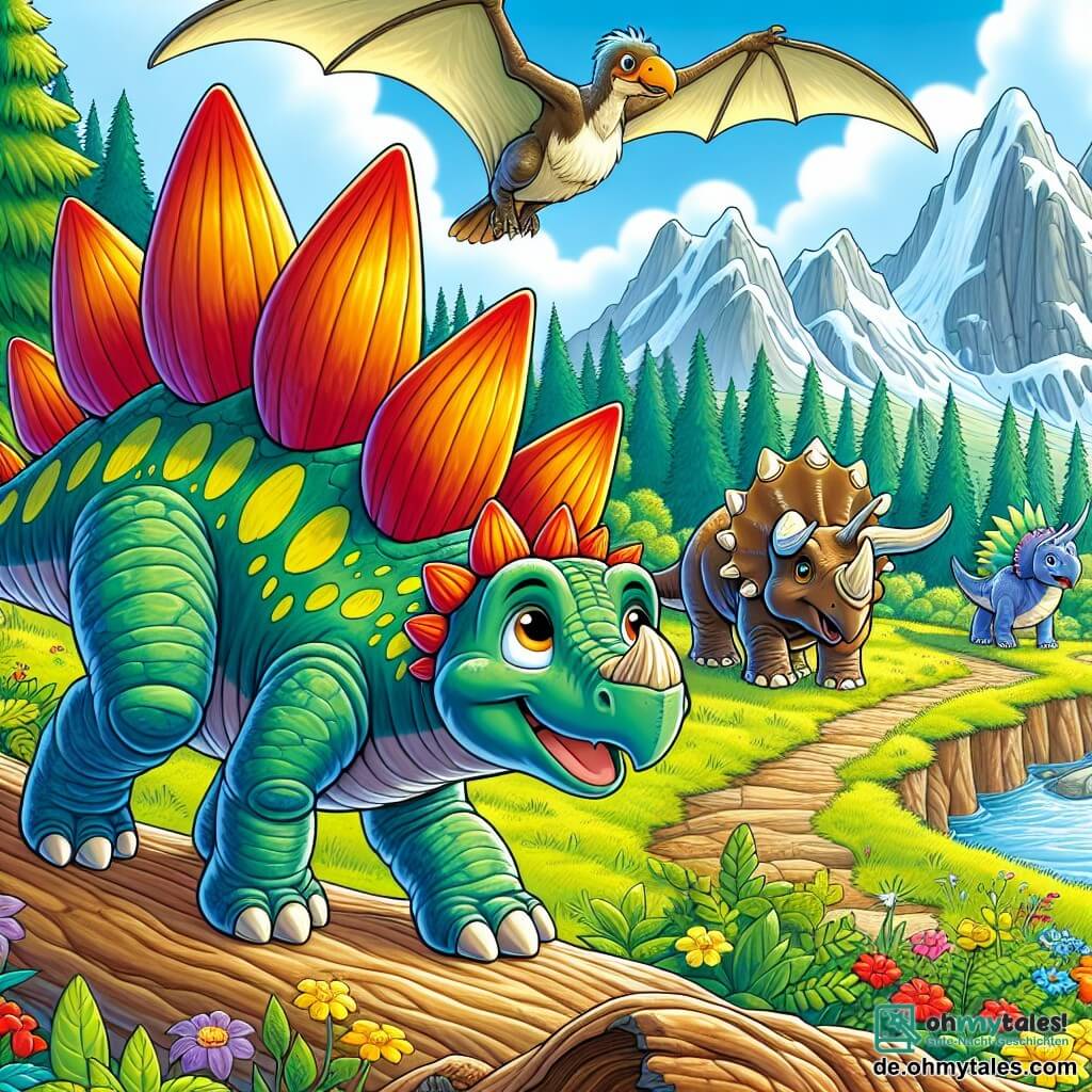 Ein junger Stegosaurus namens Stego, mit großen bunten Platten auf seinem Rücken, zeigt Entschlossenheit und Freude. Er steht auf einem grünen Weg, umgeben von bunten Blumen, bereit für ein Abenteuer. An seiner Seite schaut Trixi, ein majestätischer Triceratops mit grüner Haut und beeindruckenden Hörnern, ermutigend zu Stego, während ein alter Pterodactylus namens Ptero, mit ausgebreiteten Flügeln und weisem Blick, über ihnen schwebt, bereit sie zu führen. Die Szenerie ist eine bergige Landschaft mit schneebedeckten Gipfeln im Hintergrund und einem strahlend blauen Himmel. Die Hauptsituation zeigt Stego und seine Freunde, die sich darauf vorbereiten, einen breiten Fluss zu überqueren, wobei ein umgefallener Baum als Brücke dient, was ihren Mut und ihre Freundschaft auf der Suche nach dem weisen Tino, dem Tyrannosaurus, symbolisiert.