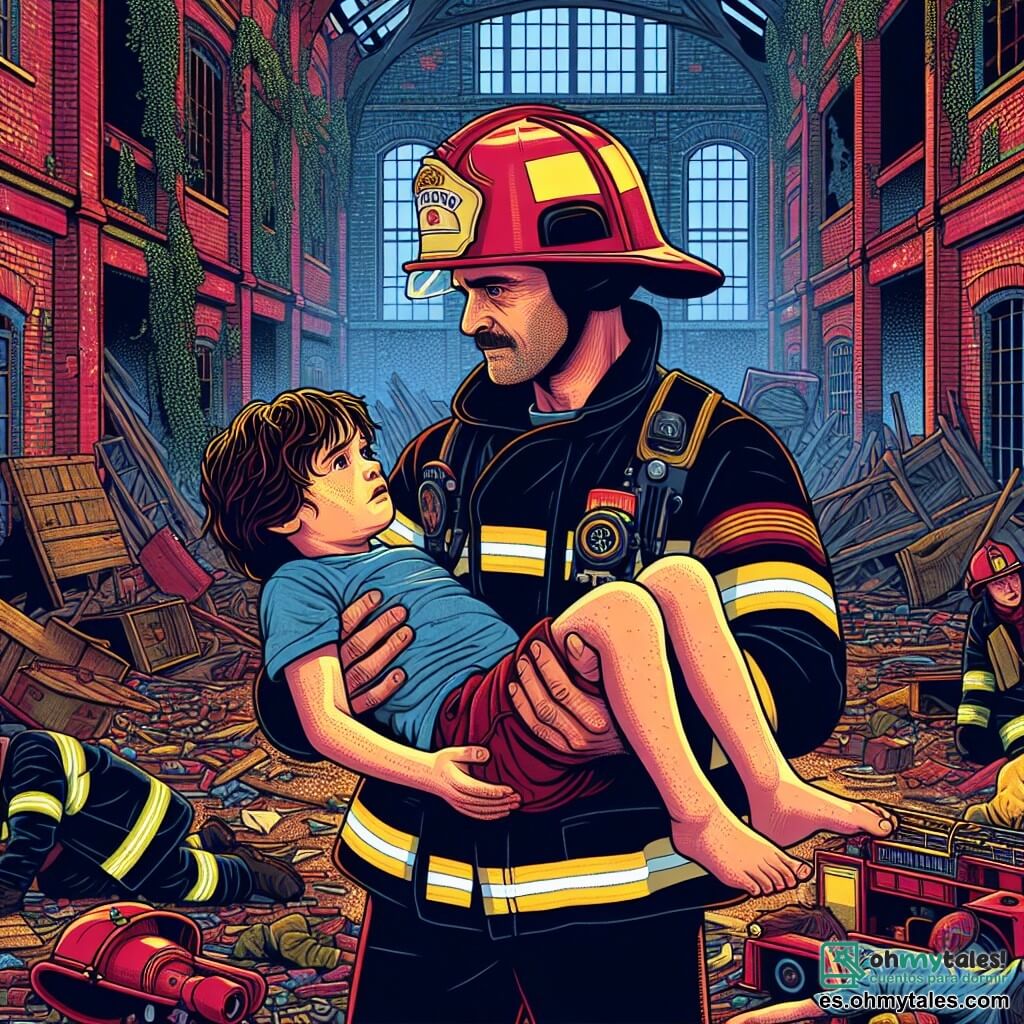 Un bombero, Antonio, de unos 35 años, se encuentra en el centro de la imagen, llevando un casco rojo brillante y una chaqueta amarilla con bandas reflectantes. Su rostro refleja experiencia, con ojos decididos y una sonrisa tranquilizadora, mientras levanta con cuidado a un niño de 10 años, Pedro, que tiene el cabello castaño desordenado y una expresión de preocupación y alivio. Pedro lleva una camiseta azul y pantalones cortos, y se aferra a Antonio, comprendiendo que finalmente está a salvo. Al fondo, una antigua fábrica de juguetes abandonada se alza, con paredes de ladrillo rojo, ventanas rotas y plantas trepadoras, creando una atmósfera misteriosa y nostálgica. La escena muestra a Antonio sacando a Pedro de los escombros, con miembros del equipo de bomberos listos para intervenir. La expresión de Antonio es de compasión y determinación, mientras que Pedro, aliviado, mira a su alrededor con ojos brillantes, dándose cuenta de que finalmente está a salvo.