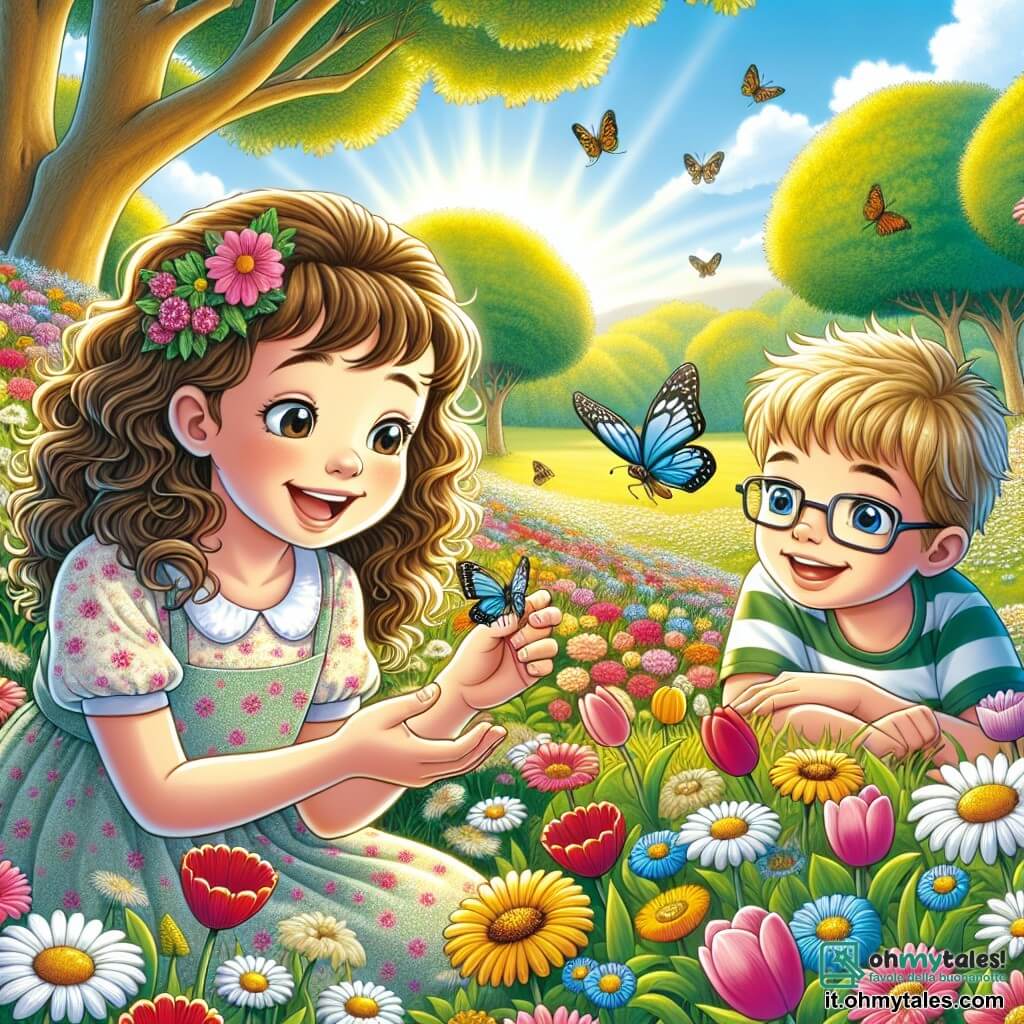 Una ragazza di 10 anni, Chiara, con capelli castani e ricci e un grande sorriso, è seduta in un campo di fiori colorati, circondata da margherite e tulipani. Indossa un vestito leggero a fiori e tiene una piccola farfalla blu sulla mano, incantata dalla sua bellezza. Accanto a lei, il suo migliore amico Marco, un ragazzo di 10 anni con capelli biondi e occhiali, osserva attentamente un'altra farfalla che vola intorno a loro, con gli occhi brillanti di curiosità. Sullo sfondo, il parco è illuminato da una luce dorata, con grandi alberi dalle foglie verdi e un cielo blu punteggiato di nuvole bianche. Gli uccelli cantano gioiosamente tra i rami. La scena principale mostra Chiara e Marco, affascinati dalla magia della primavera, che scoprono insieme la bellezza dei fiori e degli insetti, simboleggiando il risveglio della natura.