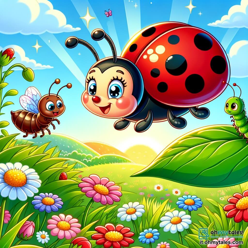 Una coccinella gioiosa, con un corpo rosso vivo punteggiato di piccoli punti neri, vola sopra un campo di fiori brillanti, le sue ali lucenti scintillano sotto il sole. Sorride, con gli occhi pieni di felicità ed eccitazione. Accanto a lei, una piccola formichina, con un corpo marrone e antenne tremolanti, corre rapidamente su una foglia verde, sembrando determinata e amichevole. Un piccolo bruco verde, con occhi rotondi e tristi, si trova vicino a un grande fiore giallo, guardando intorno a sé con speranza. Il luogo è un vasto prato, pieno di fiori colorati, alte erbe ondeggianti e un cielo blu chiaro punteggiato di nuvole bianche e soffici. La scena principale mostra la coccinella e la formichina che cercano la piccola casa del bruco, circondate dalla bellezza naturale del giardino, con raggi di sole che filtrano attraverso le foglie.