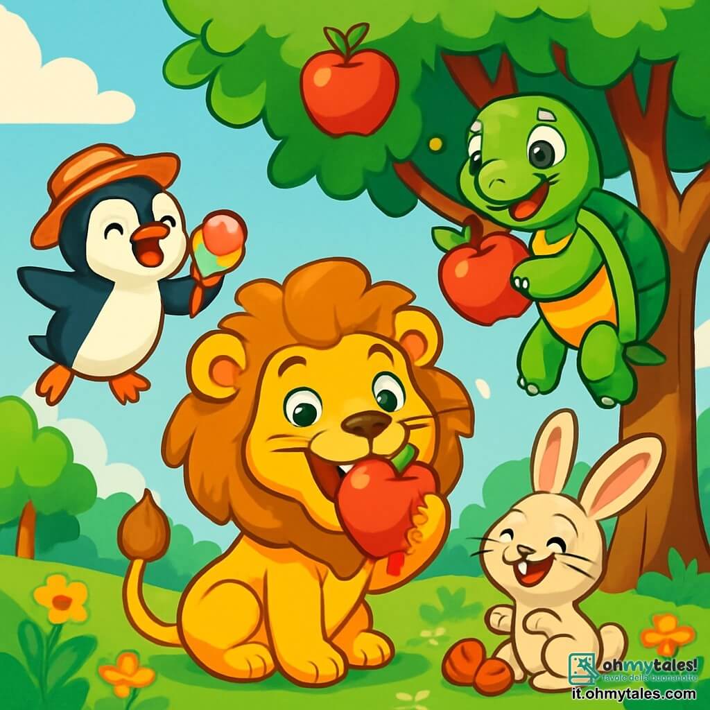 Al centro dell'immagine, un leone gioioso e birichino, con una criniera dorata e occhi scintillanti di malizia, morde una grossa mela rossa, con il succo che scorre sul suo mento. A destra, una tartaruga verde dal sorriso malizioso, con un guscio lucido, si dondola su un albero, tenendo una mela tra le zampe anteriori, pronta a saltare. A sinistra, un pinguino dalle piume bianche e nere, con un piccolo cappello di paglia, vola allegramente tenendo un gelato colorato tra le ali. Infine, un coniglietto dalle grandi orecchie e dal pelo morbido, con un'espressione divertita, è seduto sull'erba, circondato da noci, ridendo della situazione. Lo sfondo è un magnifico boschetto soleggiato, pieno di alberi dalle foglie verdi brillanti e fiori colorati, con un grande albero di mele al centro, i cui frutti rossi brillanti attirano tutti i personaggi. La scena emana un'atmosfera gioiosa e ludica, dove gli amici si divertono insieme in una competizione esilarante per vedere chi riesce a mangiare più mele, creando un clima di risate e amicizia.