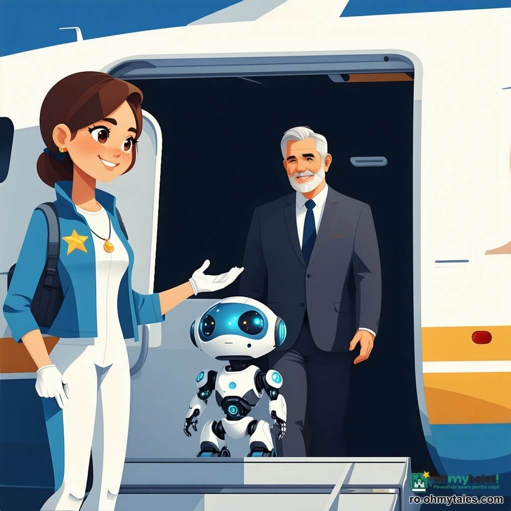 Mira, zâmbitoare dar concentrată, cu părul castaniu prins în coc și costum spațial bleu deschis cu mănuși albe, stă lângă intrarea unei navete strălucitoare cu mâna pe un lănțișor în formă de stea; Căpitanul Iosif, circa 45 de ani, cu barbă scurtă cenușie și față calmă, poartă un costum închis și îi întinde o tabletă lui Mira din stânga; robotul rotund PIP, din metal lustruit cu ochi LED albaștri, rulează lângă bocancii ei emițând o lumină verde; hangarul este spațios, podea gri netedă și pereți albi cu panouri tehnice, uși mari deschise spre cer înstelat și o rampă metalică, iar naveta albă Luminis strălucește sub proiectoare cu cabluri organizate, ecrane ce arată o hartă orbitală și o atmosferă de pregătire metodică.