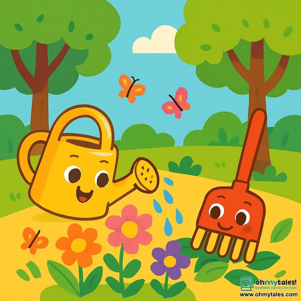 Sunny, a small yellow watering can, is cheerful and smiling, with bright eyes and a little spout shaped like a smile, watering colorful flowers in a sunny park. Rosie, a red rake, is next to her, with an enthusiastic expression and well-aligned wooden teeth, picking up litter with her teeth, surrounded by green leaves and vibrant flowers. The park is filled with tall brown-trunked trees and green leaves, under a clear blue sky with fluffy white clouds. Pink, yellow, and purple flowers dance in the wind, and colorful butterflies flutter around them. Sunny and Rosie are working together to clean the park, making the flowers happy and the ground clean while singing joyfully.