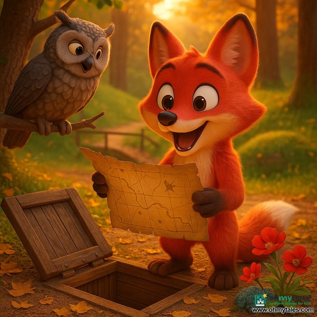 A bright red fox (anthropomorphic) with shiny fur, large curious eyes and a joyful, amazed smile delicately holding an old crumpled parchment map beside a wooden trapdoor; a wise gray owl perched on a left branch, kindly looking and pointing with its beak toward a nearby hill; bright red flowers and textured blue moss near the fox beside the map. Setting: a wooded clearing with golden fallen leaves, a small wooden bridge and grassy hill in the background, warm golden sunset light filtering through the trees. Scene: the fox has just discovered the entrance to a secret trap door hidden under leaves, joyful surprise, magical warm atmosphere, vivid colors and realistic textures. Style: soft 3D render, saturated colors, cinematic lighting, child-friendly welcoming details.