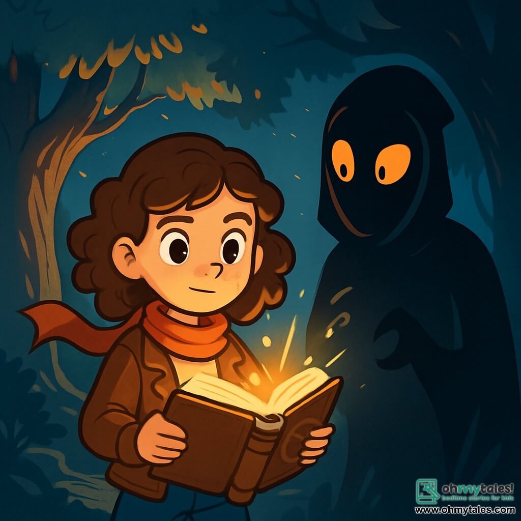 A 10-year-old girl named Lily stands at the center of the scene, with curly brown hair and eyes shining with curiosity. Her face shows a brave determination, and she wears a brown leather jacket and a red scarf that flutters slightly in the wind. Beside her is a mysterious Keeper of Shadows, a creature with dark skin and fiery eyes, observing Lily with an impressive yet benevolent expression, positioned slightly back, ready to ask a question. The setting is an enchanted forest, where majestic trees with gnarled trunks reach toward the sky, their leaves shimmering with a golden glow under the moonlight. Shadows dance around them, creating a magical yet slightly eerie atmosphere, while a winding path weaves through the twisted roots. The main scene shows Lily, holding an ancient book, preparing to solve a riddle posed by the Keeper of Shadows, with bursts of light emanating from the book, illuminating her face and the surroundings. The air is filled with mystery, and the excitement of adventure is evident on Lily's face as she gets ready to face the challenge ahead.