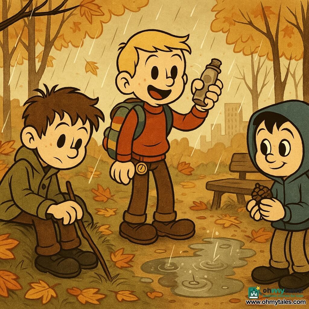 Three 12-year-old boys in a rubber-hose style autumn clearing in an urban forest: a tousle-haired brown boy in an oversized khaki jacket sits atop a small leaf-covered hill scratching the grass with a stick (left); a short-blond boy with a colorful backpack and an old compass on his pocket stands center, shaking a small metal bottle of acorn caps like maracas; a black-haired boy with a blue hood stands right, slightly back, holding a pine cone and smiling shyly. They listen to light rain falling into a large puddle with ripples and little splashes, leaves rustling, wet shiny textures, thin-trunked trees, dew-beaded spiderwebs, distant buildings, and a wooden bench by a dirt path, warm autumn palette of ochres, reds and deep greens.