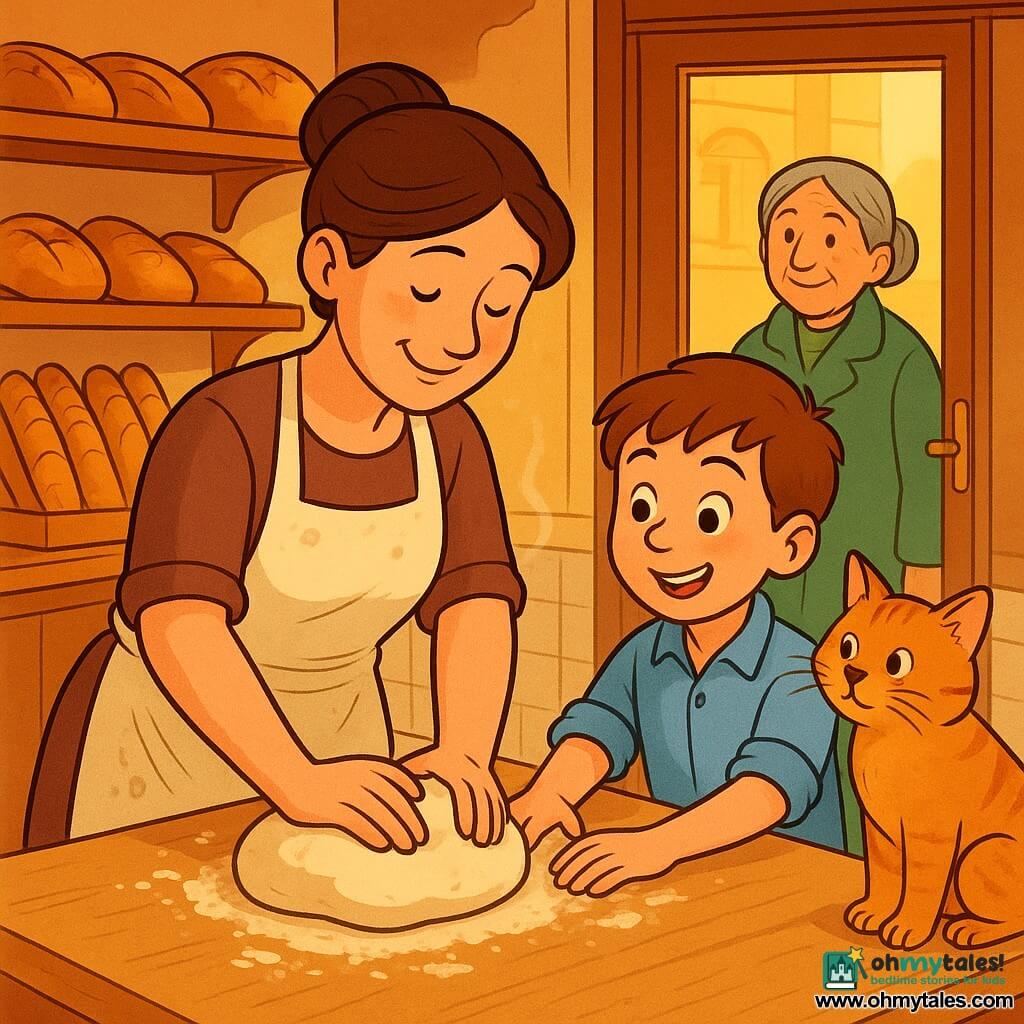 A smiling, focused baker woman with brown hair in a bun and a cream flour-stained apron presses a ball of soft dough on a light wooden counter; warm face, gentle eyes and calm, kind expression. A delighted ~9-year-old boy with short chestnut hair and rolled sleeves helps with his small palms on the dough to her right near the counter edge. An older local woman (about 60) in a green coat with gray hair in a low bun smiles from the glass doorframe behind them. An orange cat named Biscuit with a flour-dusted paw sits on the back counter, curiously watching the dough. Inside a small bakery bathed in golden morning light from a large window, wooden shelves hold round loaves and baguettes and a shiny copper oven; honey-colored walls and white tile floor. Main scene: the baker and boy knead dough together on the wooden counter with flour traces and a soft steam bubble above a tray of breads ready to bake, creating a warm, inviting, lively atmosphere.