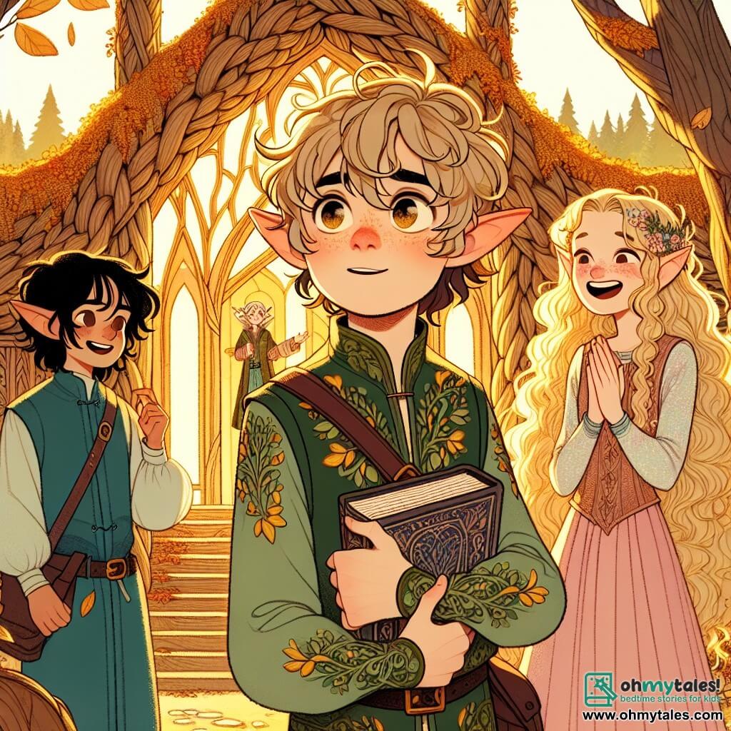 An illustration depicting a young male elf with pointed ears and light brown hair, wearing a green tunic adorned with floral patterns. He has a nervous yet curious expression, holding a spellbook in his hands, standing in front of the entrance to the Elf Academy, a majestic structure made of woven wood and shimmering leaves, surrounded by autumn-colored trees. Next to him, a female elf with curly blonde hair in a pastel pink dress smiles warmly, her eyes sparkling with excitement, slightly leaning forward to encourage him. Another male elf with black hair in a blue tunic animatedly gestures while telling a story, his face beaming with joy. The main setting is the enchanting Elf Academy, featuring leaf-shaped windows and ivy-covered walls, bathed in golden morning light as sunbeams filter through the surrounding trees. The main scene shows the young elf standing before the Academy, hesitant yet determined to enter, while his friends enthusiastically encourage him, creating an atmosphere of friendship and adventure at the dawn of a new school year. Other graphic elements include falling leaves, colorful flowers around the Academy entrance, and birds singing in the trees, adding a touch of magic and life to the scene.