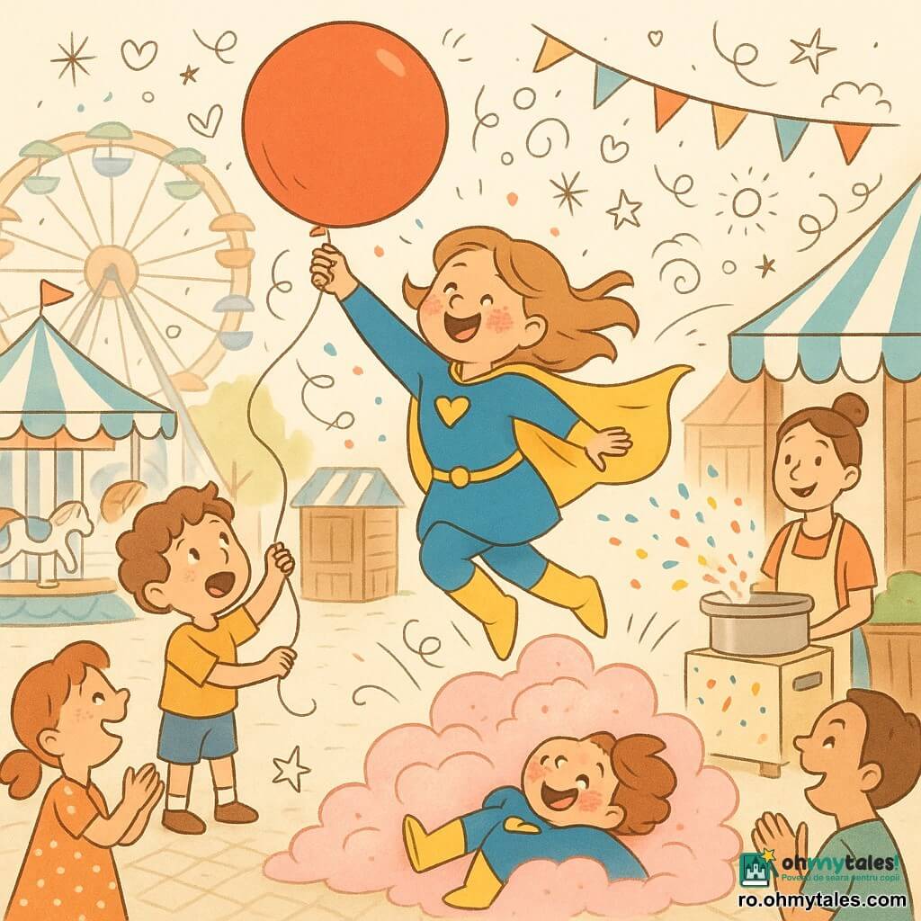Super-eroină veselă, ușor jenată, față rotundă cu pete roz de zahăr pe obraji, costum albastru și galben, pelerină scurtă care flutură, prinde un balon mare roșu în cădere într-un munte de vată de zahăr roz; băiat de 6 ani cu păr creț brun, uimit, ține șnurul balonului și stă în stânga lângă un carusel; vânzătoare de aproximativ 30 de ani cu părul prins și zâmbet complice lângă o mașină de floricele bej decorată cu confetti care tocmai a aruncat confetti; parc de distracții retro, zi, roată mare pastel în fundal, corturi alb și albastru, paviment pietruit, lumini și tarabe de lemn; scenă comică și dinamică: eroina sare, salvează balonul și aterizează în vată de zahăr, confetti colorate plutesc, oamenii aplaudă.