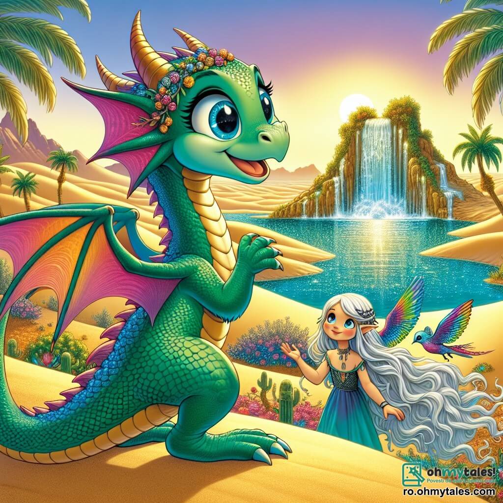 Un dragon tânăr și curios, pe nume Arko, se află în centrul imaginii. Are solzi strălucitori de culoare smarald, mari aripi desfăcute care strălucesc sub soare și ochi plini de bucurie și uimire. Arko stă pe o dună de nisip auriu, privind cu entuziasm o oază ascunsă în depărtare. Lângă el, Aelin, un elf cu trăsături delicate, îl însoțește. Are părul lung și ondulat de culoare argintie, cu mari aripi de colibri în nuanțe vibrante. Aelin zâmbește, ținând o hartă magică în mâini, indicând drumul spre oază. În fundal, o oază magnifică se dezvăluie, înconjurată de palmieri verzi luxurianți și flori colorate. Apa cristalină strălucește sub soarele apus, creând un contrast izbitor cu nisipul auriu al deșertului. Situația principală îi arată pe Arko și Aelin, uimiți, pregătindu-se să exploreze această oază misterioasă, simbolizând începutul unei mari aventuri pline de magie și descoperiri.