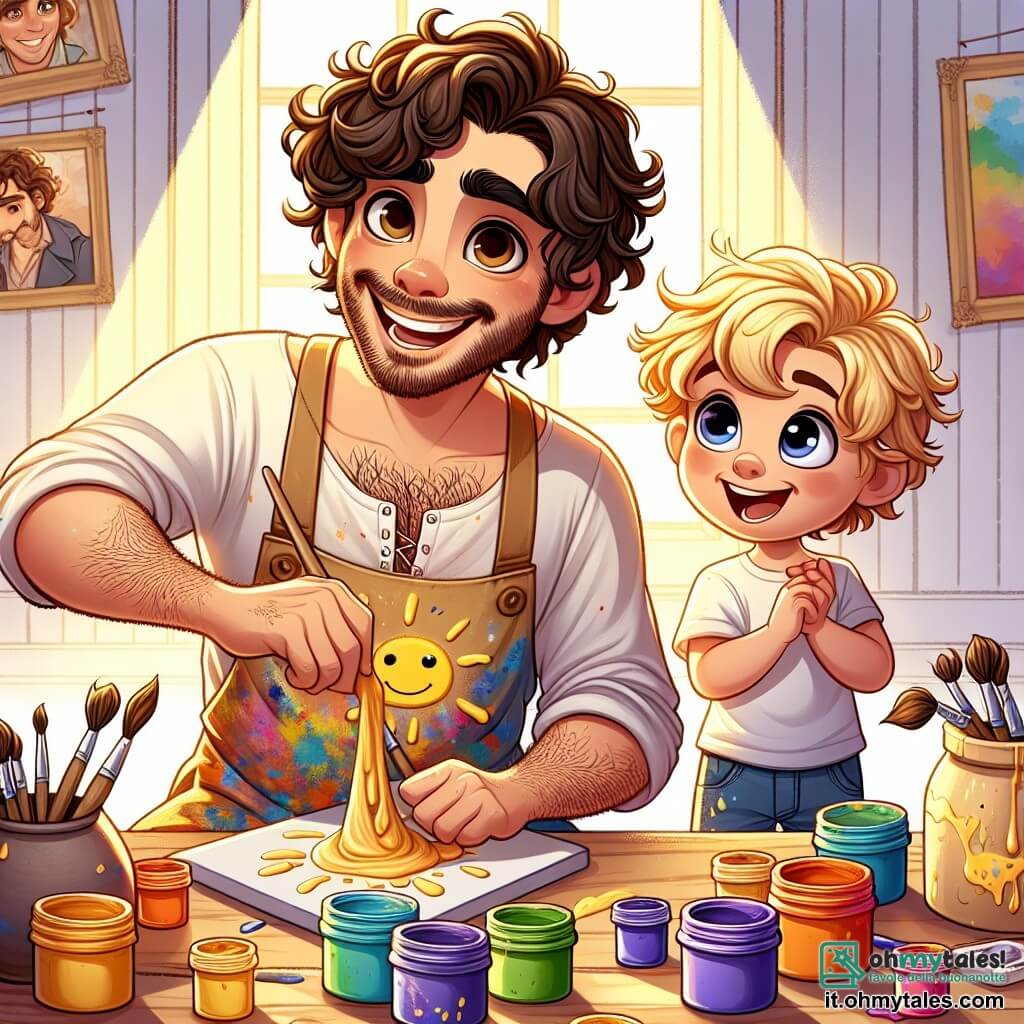 Un uomo di nome Marco, artista gioioso di circa trent'anni, si trova al centro dell'immagine. Ha capelli ricci e castani e indossa un grembiule colorato, macchiato di vernice. Il suo viso irradia felicità mentre mescola una vernice gialla con un grande sorriso, circondato da barattoli di vernice vivace. Accanto a lui, un ragazzo di nome Luca, di 8 anni, con capelli biondi e occhi brillanti, osserva con meraviglia. Tiene in mano una piccola lavagnetta su cui ha disegnato un sole sorridente e si inclina leggermente verso Marco, impaziente di imparare. Lo sfondo è uno studio d'arte luminoso, con pareti bianche e dipinti colorati appesi. Pennelli e barattoli di vernice sono sparsi su un grande tavolo di legno, mentre i raggi di sole filtrano da una finestra, illuminando la scena con una dolce luce dorata. Marco e Luca stanno creando insieme un'opera d'arte unica, mescolando vernice colorata con colla su un grande foglio, mentre ridono e condividono la loro passione per l'arte, riempiendo l'aria di gioia e creatività.