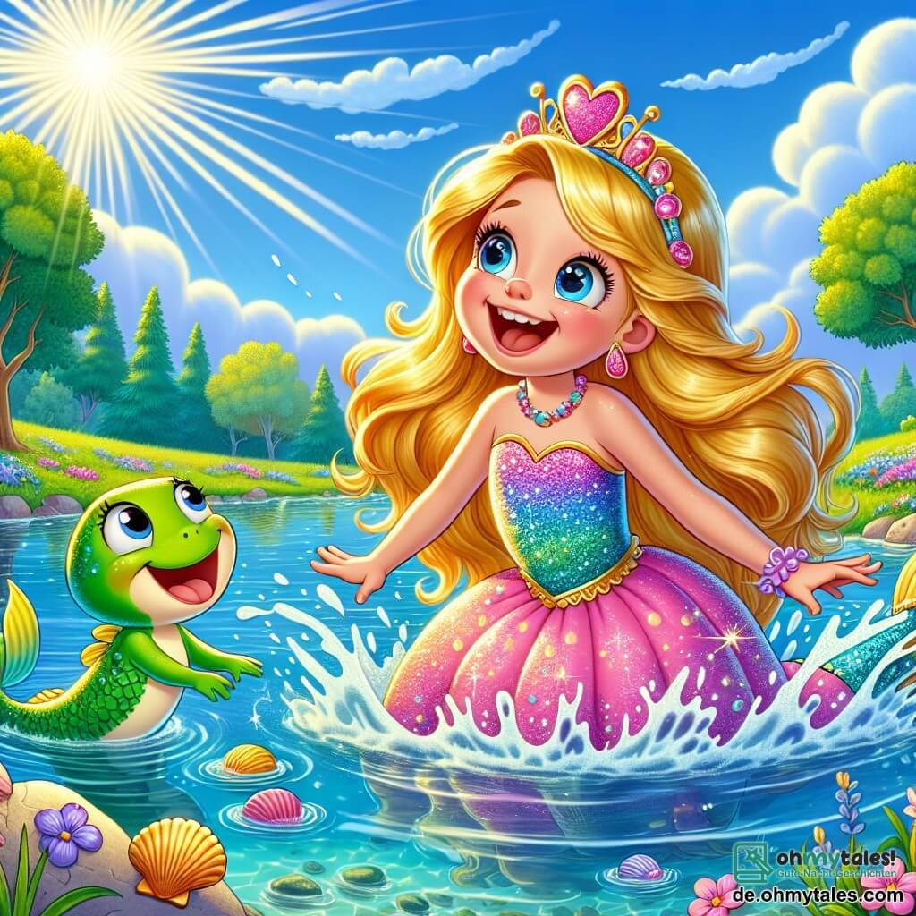 Die Prinzessin Lila, ein etwa 8-jähriges Mädchen mit langen goldenen Haaren und einem funkelnden rosa Kleid, lacht fröhlich, während sie in einen glitzernden See eintaucht. Ihr Gesicht strahlt vor Glück und Aufregung, während sie das Wasser um sich herum spritzt. Neben ihr lächelt Niki, eine Meerjungfrau mit türkisfarbenen Haaren und glänzendem Schwanz, die etwa 10 Jahre alt ist und ein buntes Muscheloberteil trägt. Sie schwimmt in der Nähe von Lila, bereit zu spielen. Am Ufer des Sees sitzt ein kleiner grüner Frosch mit großen runden Augen und einem schelmischen Lächeln, der die beiden Freundinnen beobachtet und darauf wartet, an dem Wasserspaß teilzunehmen. Der Ort ist ein wunderschöner See, umgeben von bunten Blumen und majestätischen Bäumen, unter einem klaren blauen Himmel mit flauschigen weißen Wolken. Die Sonnenstrahlen tanzen auf der Wasseroberfläche und erzeugen funkelnde Reflexionen. Die Hauptsituation zeigt Lila und Niki, die zusammen Spaß haben, Wasser spritzen und laut lachen, während der kleine Frosch sie ungeduldig beobachtet, bereit, sich ihrem Wasserspiel anzuschließen.