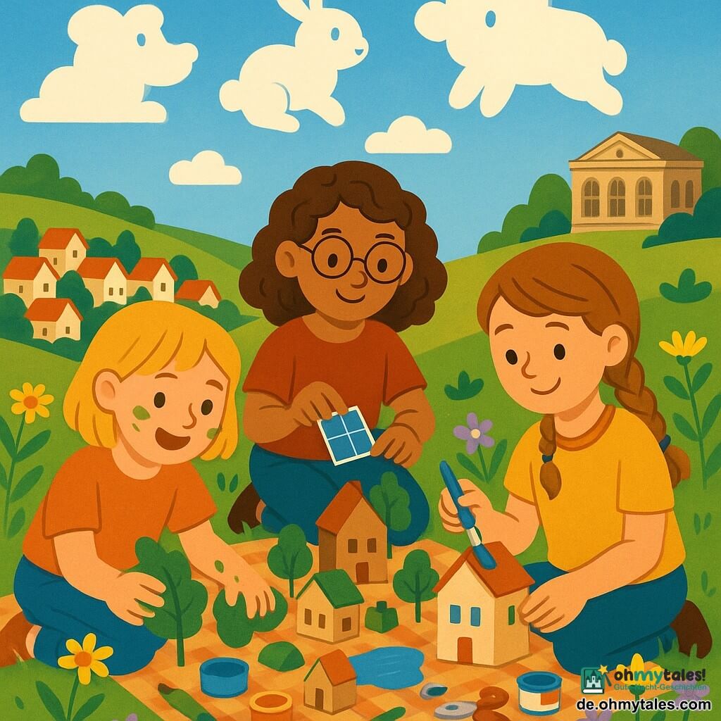 Drei Mädchen: Lisa, ca. 9, hellbraune geflochtene Haare, lächelnd, sitzt rechts und bemalt ein kleines Papphaus mit blauem Pinsel; Mia, ca. 8, kurze blonde Haare, Farbflecken an den Händen, links, klebt einen Papierbaum; Emma, ca. 9, braune lockige Haare und runde Brille, sitzt links vorne und bringt ein kleines Papier-Solarmodul aufs Dach an; sie bauen gemeinsam auf einer grünen Hügelwiese vor einem kleinen Dorf mit roten Dächern eine ökologische Stadtmaquette aus Karton mit bemalten Häusern, dunkelgrünen Papierbäumen, silbernen Solarpanelen, blauem Papierteich, verstreuten Werkzeugen und Farbtöpfen auf einer karierten Decke, strahlender Himmel mit wenigen weißen Wolken in Tierformen, wilde gelbe und violette Blumen und im Hintergrund eine große Steingbibliothek; helle, fröhliche Stimmung, Zusammenarbeit und Freude.