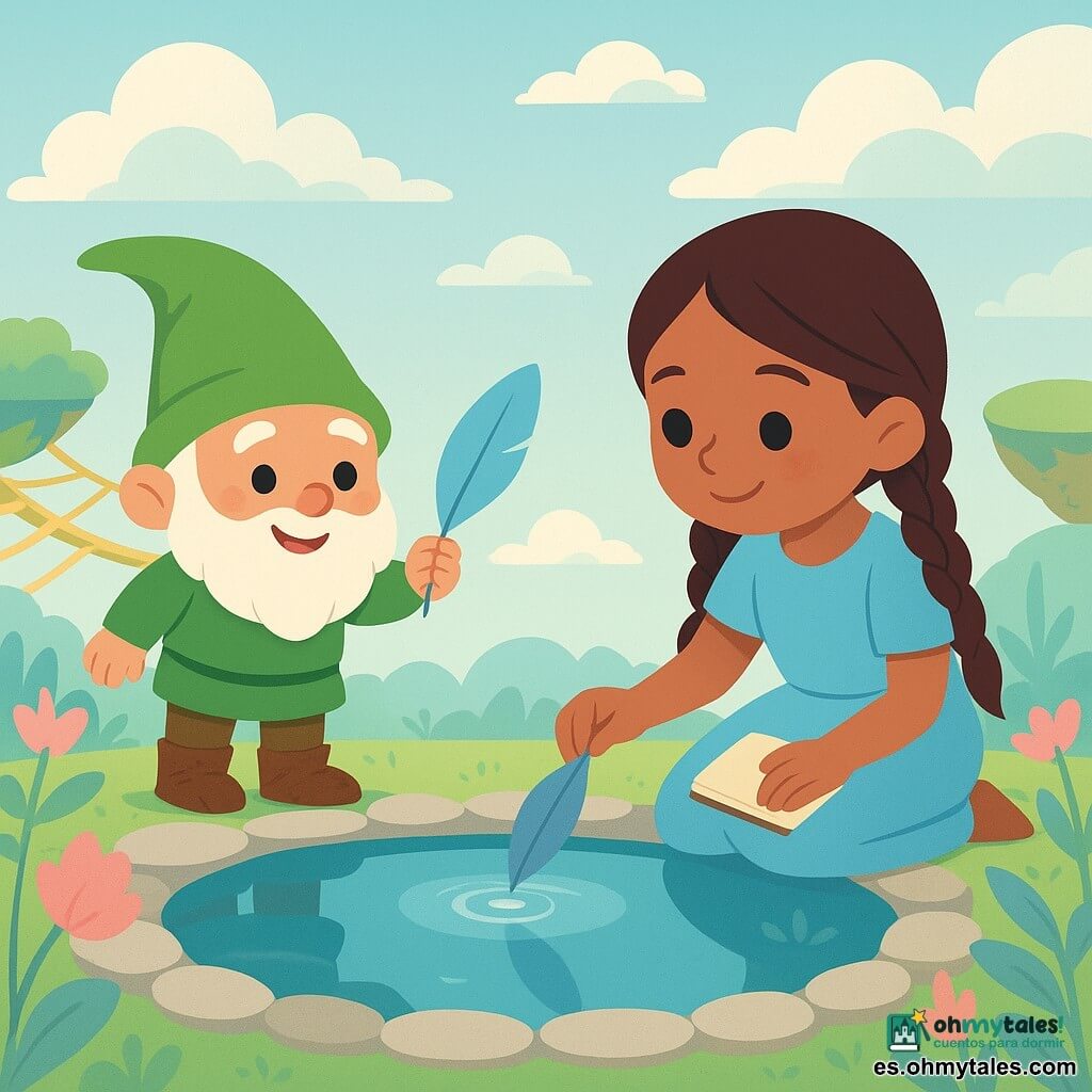 Un duende llamado Bim, pequeño como una taza, rostro redondo y barba suave, con gorro verde torcido y botas de corteza, sonriente y travieso pero atento, ofrece una pluma azul ligera sobre la superficie de un espejo de agua; junto a él, Lía, niña de unos 10 años con trenzas, vestido azul pálido y cuaderno en mano, sentada al borde, concentrada y tierna tras dejar caer una gota de nube en la laguna; el espejo de agua es una pequeña laguna circular de superficie perfectamente plana y halo luminoso central, bordeada de piedras lisas, flores-linterna rosas y hojas plateadas; al fondo, el Jardín de los Reflejos del Reino flotante con pasarelas de rayos de sol trenzados, islotes suspendidos y nubes cercanas, en una paleta pastel de azul cielo, verde menta y rosa polvo; composición clara y simple, plano medio con los personajes en primer plano frente al espejo, perspectiva ligeramente desde arriba, formas sencillas, contornos nítidos, texturas planas y sombras mínimas para un aspecto infantil y cálido.