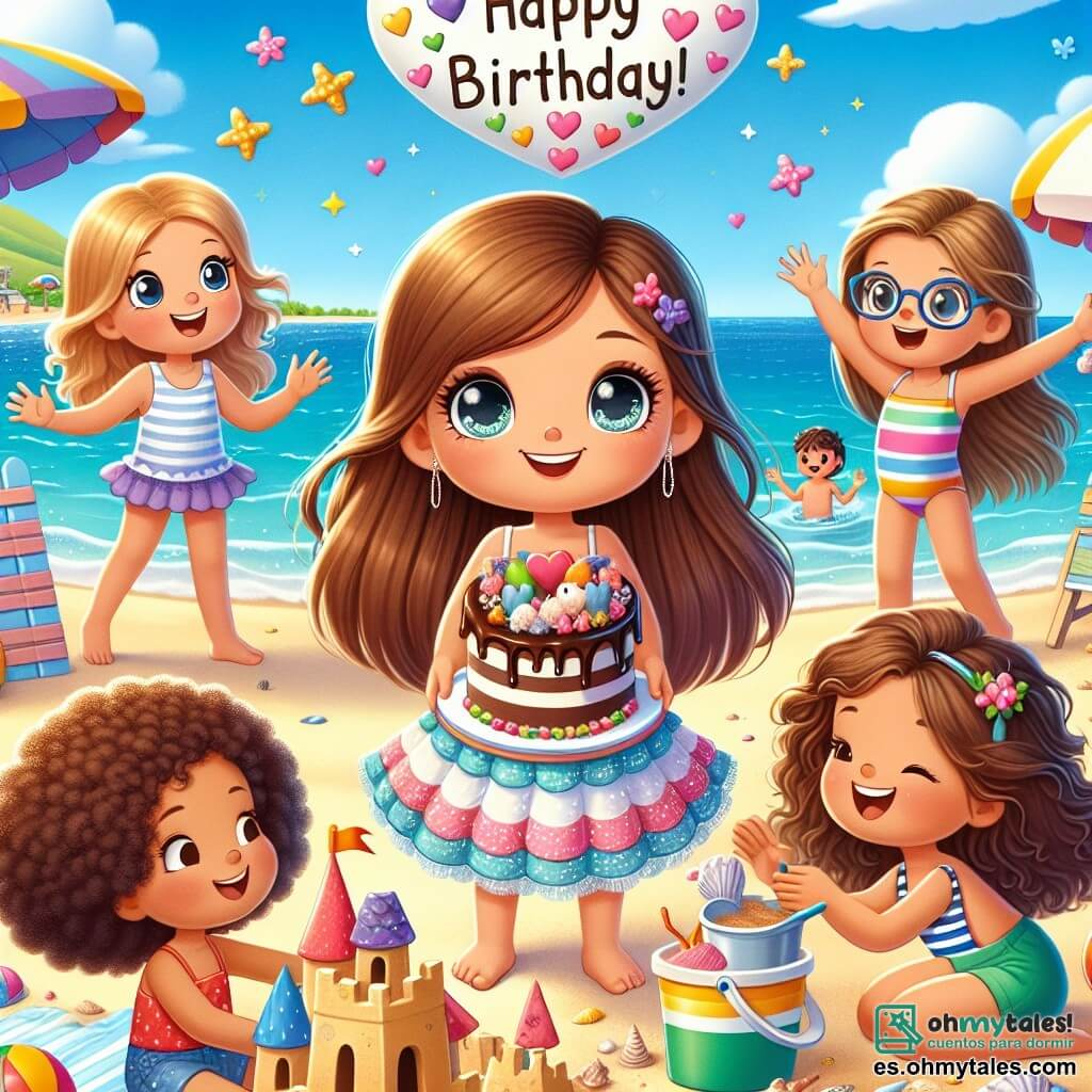 Clara, una niña de 11 años con largos cabellos castaños y ojos brillantes, está en el centro de la imagen, sonriendo y sosteniendo un gran trozo de pastel de chocolate. A su derecha, Valeria, una niña de 10 años con cabello rizado y un vestido colorido, levanta los brazos con entusiasmo. A su izquierda, Ana, una niña de 11 años con cabello rubio y gafas, decora un castillo de arena con conchas. Finalmente, Lucía, una niña de 10 años con trenzas y un traje de baño a rayas, está sentada en la arena, riendo y sosteniendo un balde lleno de arena. El fondo es una playa soleada con olas suaves y un cielo azul brillante. En el fondo, se ven sombrillas coloridas y niños jugando en el agua, mientras una gran pancarta en forma de corazón dice "¡Feliz Cumpleaños, Clara!" La escena muestra a Clara rodeada de sus nuevas amigas, celebrando su cumpleaños con pastel y risas, construyendo juntas un hermoso castillo de arena que simboliza su amistad y la magia de este día especial.