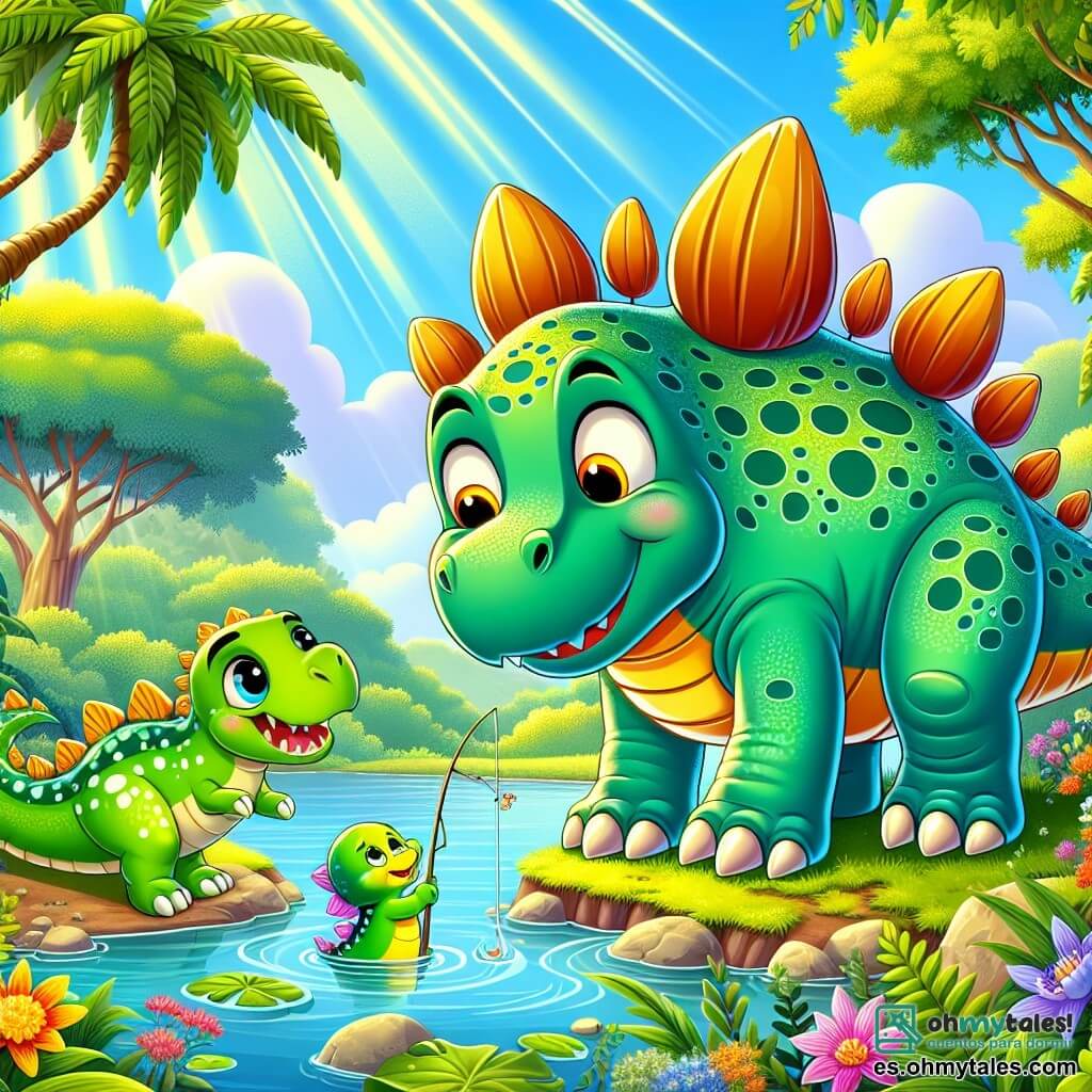 Un estegosaurio de pelaje verde brillante con placas naranjas en la espalda se encuentra orgullosamente al borde de un lago, mostrando una expresión de valentía y curiosidad. A su lado, un pequeño estegosaurio, su hermano Estelín, con manchas más pequeñas y ojos brillantes de alegría, observa a un gran alosaurio, un dinosaurio imponente con dientes afilados y ojos amarillos, que parece intrigado. El paisaje es una jungla exuberante, con árboles gigantes de hojas verdes, flores coloridas y rayos de sol filtrándose a través del follaje. La escena muestra a Estela que amablemente le propone a Alosio cómo pescar peces en el lago, creando una atmósfera de descubrimiento y amistad.
