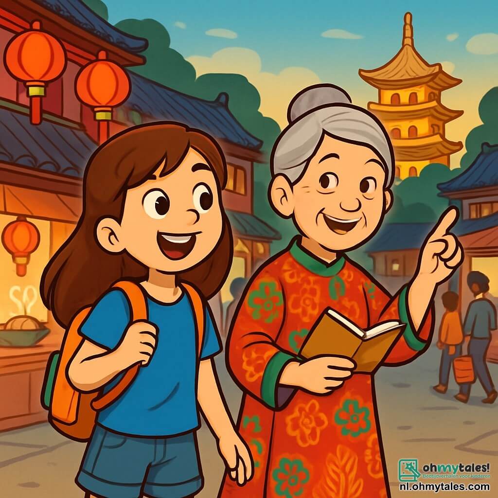 Een 10-jarig meisje, Lila, met lange bruine haren en nieuwsgierige ogen, staat aan de rand van een drukke straat in Peking. Ze draagt een felblauw t-shirt en een spijkerbroekshort, met een kleine rugzak vol boeken. Haar gezicht straalt verwondering en opwinding uit terwijl ze met een grote glimlach om zich heen kijkt. Naast haar staat Mevrouw Lin, een oude vrouw van ongeveer 70 jaar, met grijs haar in een knot en een lange kleurrijke jurk met traditionele Chinese patronen, die warm glimlacht. Ze houdt een klein notitieboekje in één hand en wijst naar een prachtige gouden pagode in de verte. De straat is levendig, versierd met verlichte rode lantaarns, eetkraampjes met betoverende geuren en oude gebouwen met gebogen daken. Mensen lopen voorbij, sommigen met boodschappentassen, anderen die vrolijk praten. Lila en Mevrouw Lin staan op het punt de stad te verkennen. Lila, vol energie, is klaar om Mevrouw Lin te volgen, die een wijze en vriendelijke gids lijkt, op een magisch avontuur door de wonderen van Peking.
