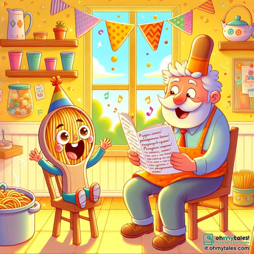 Un piccolo cucchiaio sorridente, di nome Cucchi, con un viso gioioso e occhi scintillanti, è seduto su una piccola sedia di legno, indossando un cappello di spaghetti. Brandisce con entusiasmo una lettera colorata, con le sue piccole zampette di legno sollevate verso il cielo. Accanto a lui, Papone Cucchiaione, un grande cucchiaio di legno con un sorriso caloroso, guarda il figlio con orgoglio, gli occhi brillanti di emozione. Tiene una grande zuppiera piena di zuppa, pronto a condividere un momento di gioia. La scena si svolge in una cucina soleggiata, con muri giallo pastello e finestre aperte che lasciano entrare la luce dorata del sole. Cucchi, tutto emozionato, legge al papà la sua lettera piena di rime divertenti, mentre decorazioni di festa fluttuano nell'aria, creando un'atmosfera festosa e calorosa.