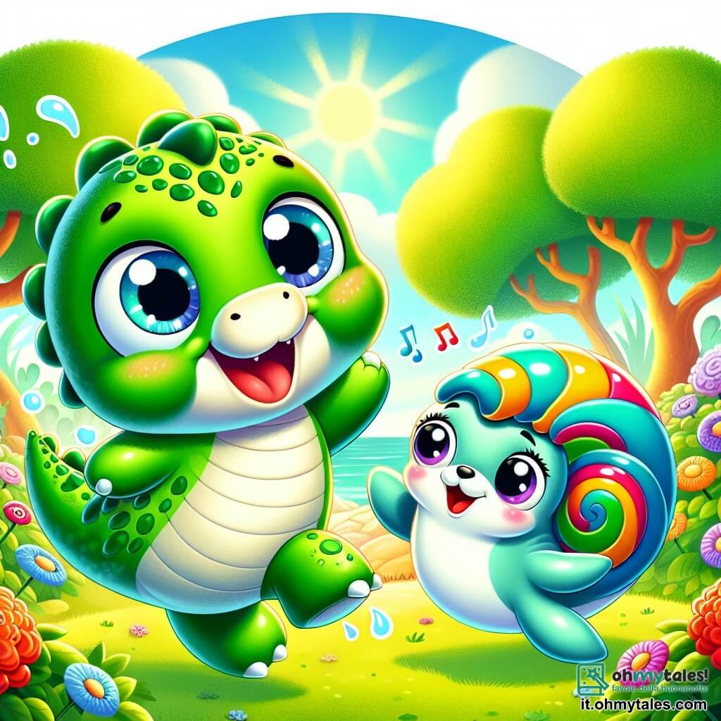 Un piccolo drago rotondo e morbido, di nome Puffolo, con squame verdi brillanti e occhi scintillanti di curiosità, salta gioiosamente in una radura soleggiata, con un grande sorriso sul volto. Accanto a lui, una piccola lumachina di nome Lilli, con un guscio colorato a spirale e occhi maliziosi, lo incoraggia ballando, visibilmente eccitata e piena di energia. Il luogo è una radura verdeggiante, circondata da alberi maestosi con foglie brillanti, e fiori colorati che danzano al vento. Al centro della scena, un grande cappello blu, che sembra saltare da solo, attira l'attenzione dei due amici. Puffolo e Lilli cercano di catturare il cappello cantando e ballando, creando un'atmosfera gioiosa e ludica.