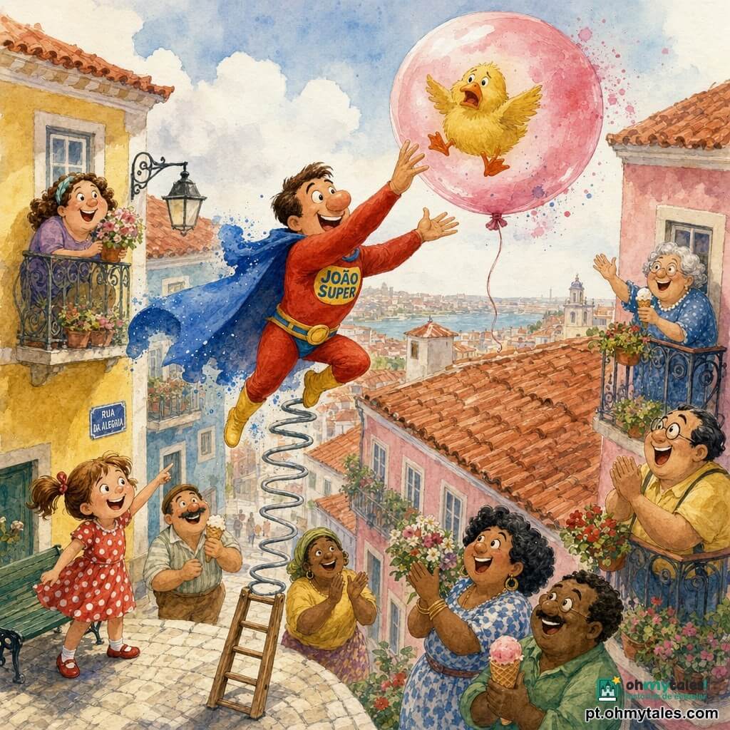 João Super, sorridente e determinado, veste capa azul brilhante, fato vermelho e botas amarelas; cabelos castanhos curtos, nariz grande e olhos vivos, estende o braço para alcançar um pato amarelo e rechonchudo preso num grande balão rosa translúcido que flutua sobre os telhados. Uma menina de cerca de 6 anos, cabelos castanhos em rabo de cavalo e vestido de bolinhas, aponta e sorri de uma praça com um banco à esquerda; adultos de formas amigáveis aplaudem das varandas e calçadas segurando flores e gelados. Rua urbana colorida com telhados de telha vermelha e fachadas em tons pastéis (amarelo, azul claro, rosa), postes redondos e nuvens suaves, vista em leve plongée para mostrar o balão; João salta com uma pequena escada que se transforma num mola, movimento dinâmico com salpicos aquarelados ao redor do balão e da capa para acentuar a ação heróica e cômica.
