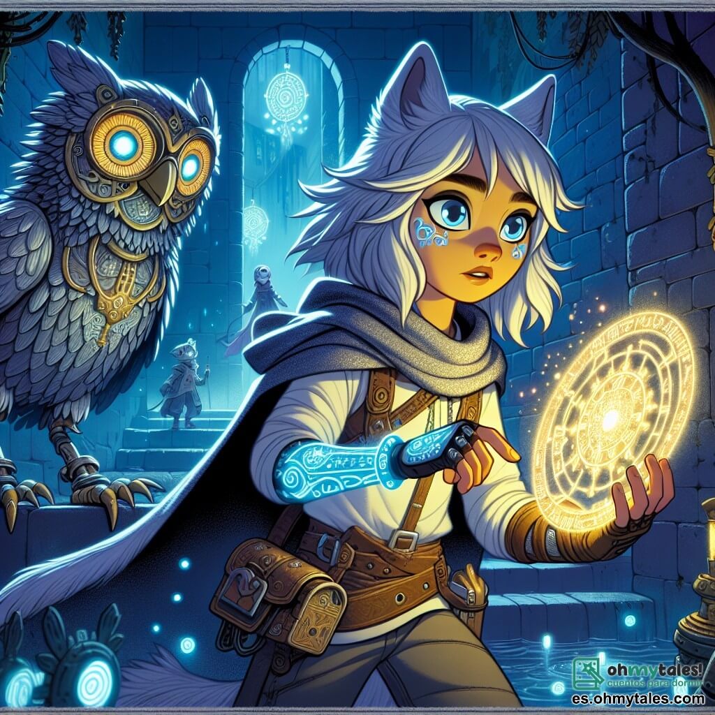 Naira, una joven loba de pelaje plateado, se encuentra en el centro de la escena, con ojos brillantes de determinación y esperanza. Lleva una capa brillante y un guantelete luminoso, observando atentamente un antiguo mapa que brilla entre sus patas. A su derecha, un viejo autómata en forma de búho, con plumas metálicas y ojos de vidrio, parece observarla con curiosidad, sus engranajes visibles y su expresión sabia. El decorado está en un callejón oscuro de la ciudad de Umbra, donde muros de piedra negra están iluminados por runas flotantes de un azul brillante. Sombras bailan a su alrededor, creando una atmósfera misteriosa y mágica. Naira está a punto de comenzar su aventura, decidida a encontrar la legendaria Esfera del Tiempo, mientras el búho la anima silenciosamente, listo para acompañarla en esta peligrosa búsqueda.