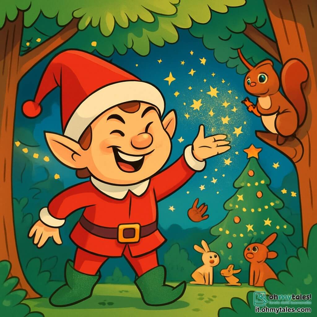 Un follet di Natale, di nome Ludovico, si trova al centro della scena, con un grande sorriso malizioso sul viso rotondo e paffuto. Indossa un costume rosso vivo con bordi bianchi, un grande cappello a punta e stivali verdi scintillanti. I suoi occhi brillano di malizia mentre lancia una pioggia di polvere magica scintillante nell'aria. Accanto a lui, un giovane scoiattolo di nome Cip, con il pelo marrone e occhi brillanti di curiosità, osserva con meraviglia la magia dispiegarsi. È appollaiato su un ramo, con le zampette strette attorno al tronco, e il suo viso esprime gioia contagiosa. Lo sfondo è una foresta incantata, piena di alberi maestosi con foglie verdi brillanti, illuminati da ghirlande di luci scintillanti. In lontananza, un grande albero di Natale si erge, decorato con palline colorate e ghirlande luccicanti, mentre animali della foresta, come conigli e uccelli, si radunano intorno, catturati dallo spettacolo. La scena principale mostra Ludovico mentre sparge la sua polvere magica, provocando scoppi di risa tra gli animali, che si lasciano trasportare dalla gioia e dalla meraviglia di questa magica notte di Natale.