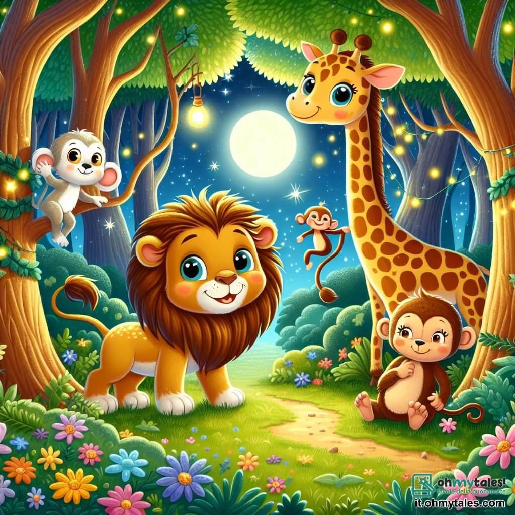 Un leone di nome Leo, con una criniera dorata e occhi curiosi, si trova al centro della scena, sorridente e pronto a giocare. A destra c'è una giraffa di nome Gigi, con un lungo collo maculato e grandi occhi dolci, nascosta dietro un albero, ridendo dolcemente. A sinistra, una piccola scimmia di nome Lila, con pelliccia marrone e una coda arricciata, dondola allegramente da un ramo, osservando Leo con malizia. Il luogo è una foresta incantata, illuminata dalla luce della luna, con alberi maestosi e fiori colorati. La scena è magica, con lucciole scintillanti nell'aria. Leo gioca a nascondino con i suoi amici, ridendo e cercando Gigi e Lila, mentre un'aria di gioia e amicizia li circonda.