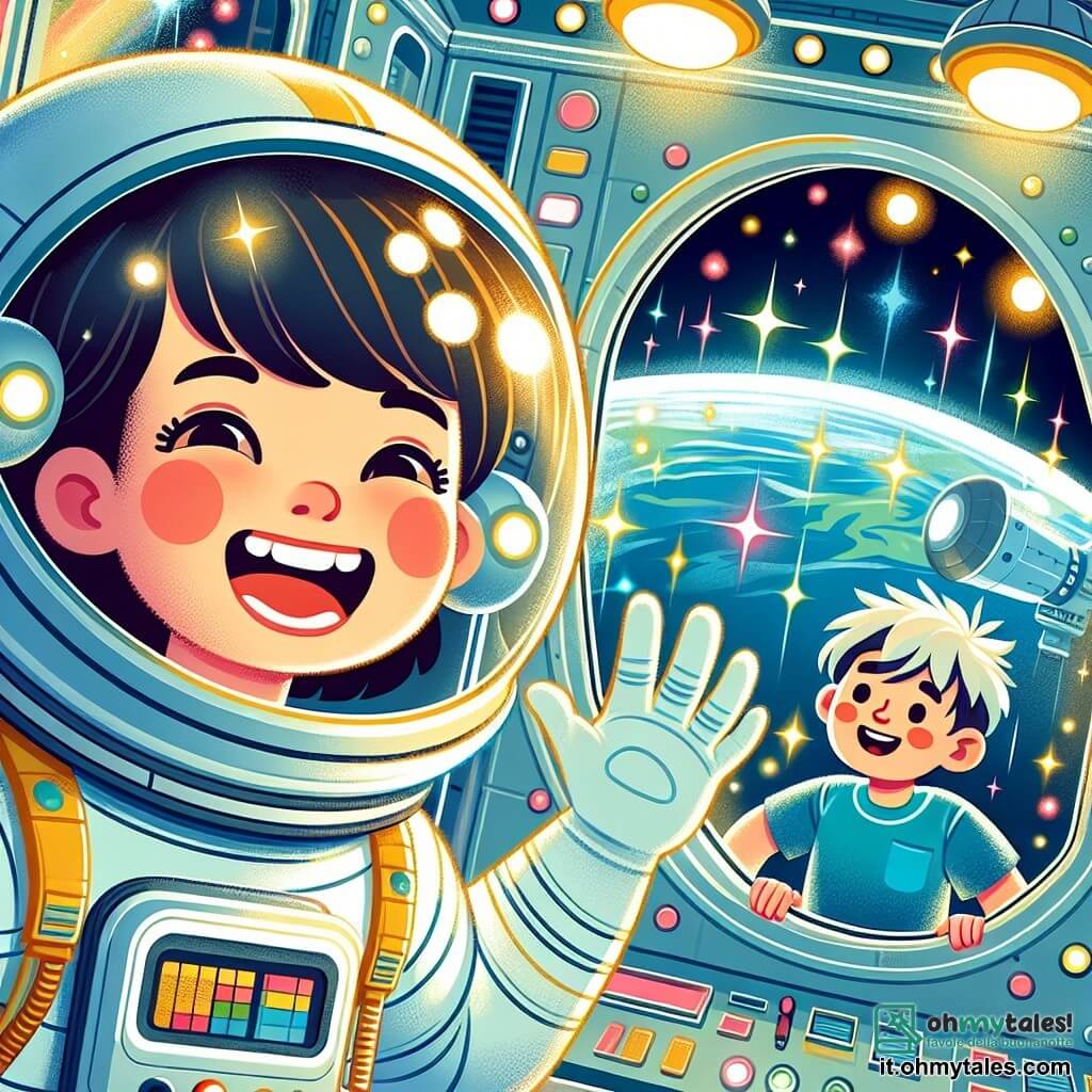 Una donna astronauta sorridente, con un casco lucente e una tuta spaziale bianca, fluttua gioiosamente nella stazione spaziale. I suoi occhi brillano di eccitazione e fa un gesto con la mano, come se salutasse le stelle. Accanto a lei, un ragazzo di 7 anni, con i capelli castani in disordine e una maglietta blu, guarda attraverso una grande finestra, meravigliato dalla vista della Terra blu sottostante. La stazione spaziale è piena di luci scintillanti e schermi colorati, con strumenti fluttuanti che girano dolcemente nell'aria. Pannelli di metallo argentato brillano attorno a loro, creando un'atmosfera futuristica e magica. La donna astronauta mostra le stelle a Leo, mentre condividono un momento di gioia e scoperta, fluttuando insieme nello spazio, circondati dall'immensità del cosmo.