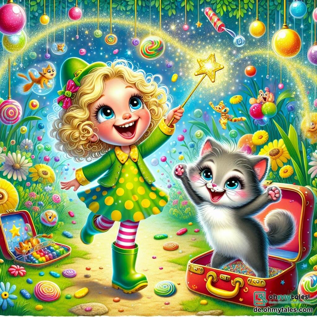 Ein 6-jähriges Mädchen, Lilli, mit goldenen Locken und einem großen, fröhlichen Lächeln, steht in der Mitte des Bildes und hält einen funkelnden Zauberstab. Sie trägt ein buntes gepunktetes Kleid und grüne Gummistiefel. Neben ihr springt ihre Katze Mimmi, ein kleiner grauer Kater mit funkelnden Augen, fröhlich und versucht, bunte Bonbons zu fangen, die vom Himmel fallen. Im Hintergrund ein zauberhafter Garten mit grünem Gras und blauen Grashalmen, tanzenden bunten Blumen und einem roten Koffer mit gelben Punkten, der offen ist und schimmernde Seifenblasen ausströmt. Die Szene strahlt eine Atmosphäre von Magie und Freude aus, mit Bonbons, die in der Luft schweben, und bunten Fischen, die um sie herum springen. Lilli, mit einem staunenden und amüsierten Blick, bereitet sich darauf vor, einen magischen Wunsch zu äußern, während Mimmi neugierig die Bonbons beobachtet, die sich um sie herum verteilen.