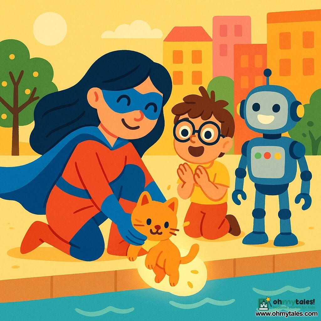 A superheroine named Luna is a woman with long, shiny hair, dressed in a flowing blue cape. She has a warm smile and sparkling eyes filled with determination. She is crouched down, holding a lost kitten in her arms, with a gentle and reassuring gaze. Next to her, an 8-year-old boy with round glasses and messy hair claps in amazement, his eyes wide open. A friendly, medium-sized robot with blinking lights and a smiling face stands nearby, ready to help. The scene takes place on a lively dock surrounded by tall, colorful buildings shining in the sun. Trees adorned with small lights add a magical touch to the environment. Luna, with her radiant power, helps the kitten safely down from the edge of the dock, while amazed locals watch this beautiful scene of solidarity and kindness.