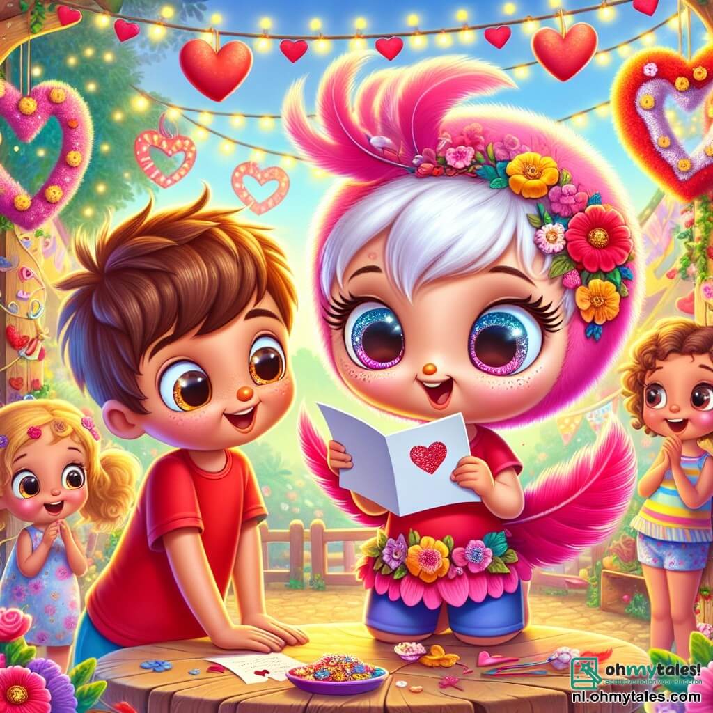 Poppy, een schattig klein roze veertje met sprankelende ogen en een stralende glimlach, staat in het midden van de afbeelding enthousiast een liefdesbrief te lezen, haar felle kleuren contrasteren met de omgeving. Naast haar staat Tom, een jonge jongen met bruin haar en heldere ogen, gekleed in een rode t-shirt en een blauwe short, met een uitdrukking van verrassing en geluk terwijl hij Poppy bewonderend aankijkt. Lotte, een meisje met krullend blond haar, gekleed in een bloemenjurk, staat iets op de achtergrond met een verlegen glimlach en een dromerige blik, aandachtig luisterend naar Poppy's voorlezing. De achtergrond toont een charmant dorp in feeststemming, met hartjesguirlandes tussen de bomen, fonkelende lichtjes en een groot bord "Valentijn" versierd met kleurrijke bloemen. Op de achtergrond dansen kinderen vrolijk rond een grote tafel vol lekkernijen, wat een feestelijke en warme sfeer creëert. De hoofdscène toont Poppy die Lotte's liefdesbrief aan Tom onthult, wat een magisch moment creëert waarin vriendschap en liefde samenkomen onder een sterrenhemel verlicht door lantaarns.